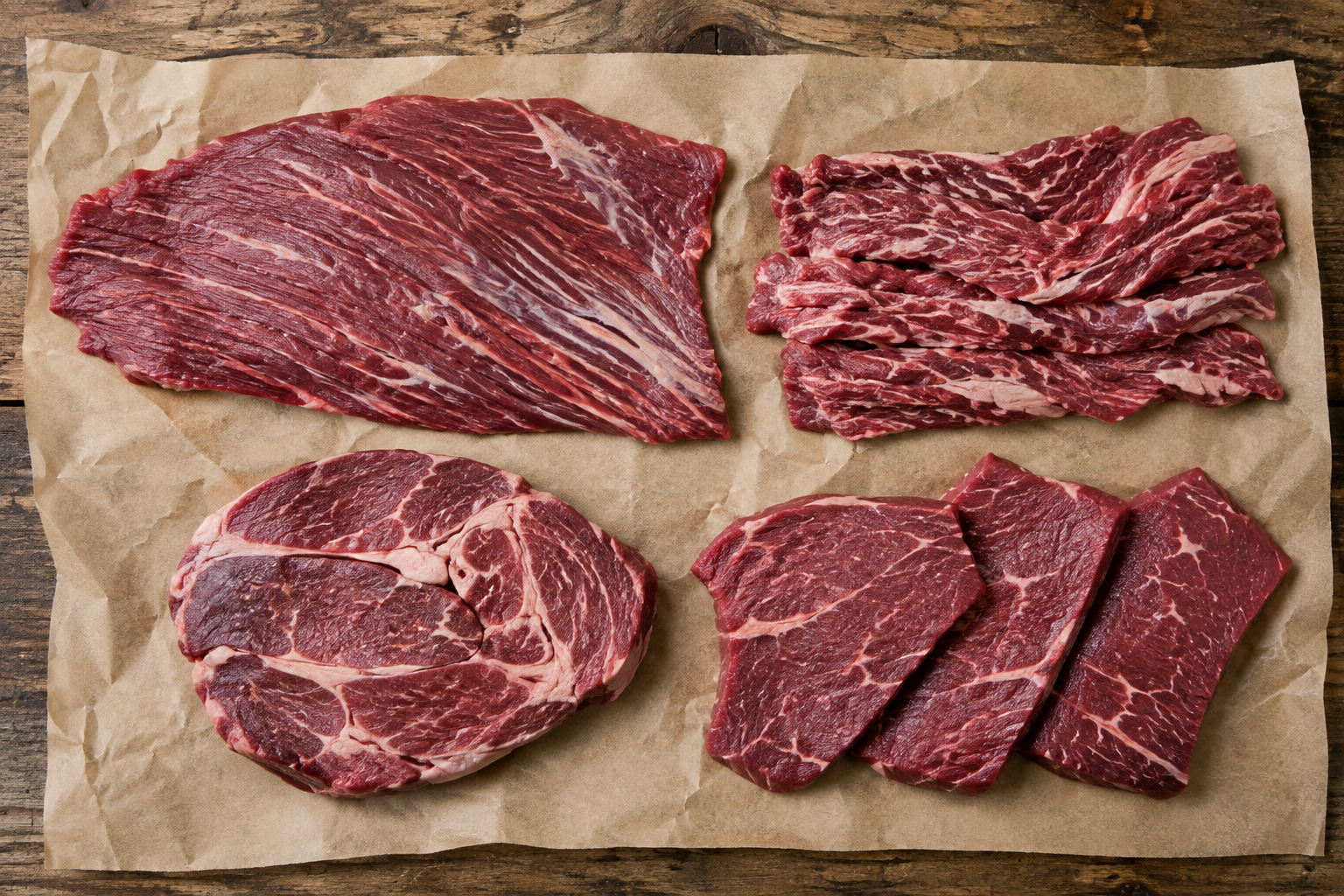 Assortment of affordable beef cuts including flank, skirt, and flat iron steak