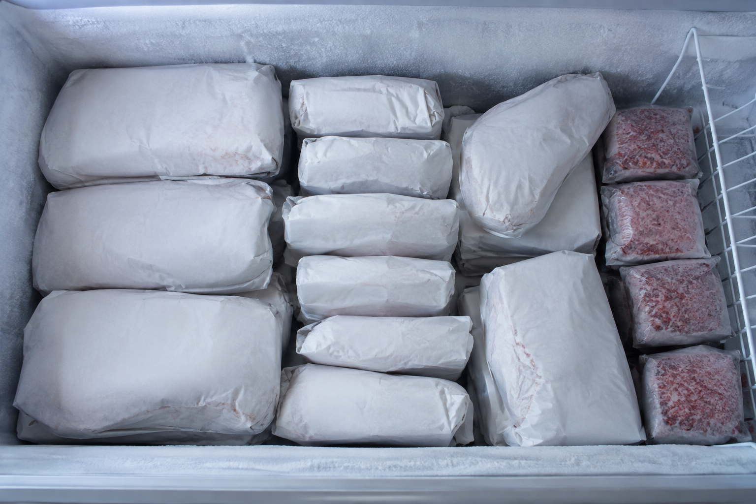 Butcher-wrapped beef packages stacked in a home freezer
