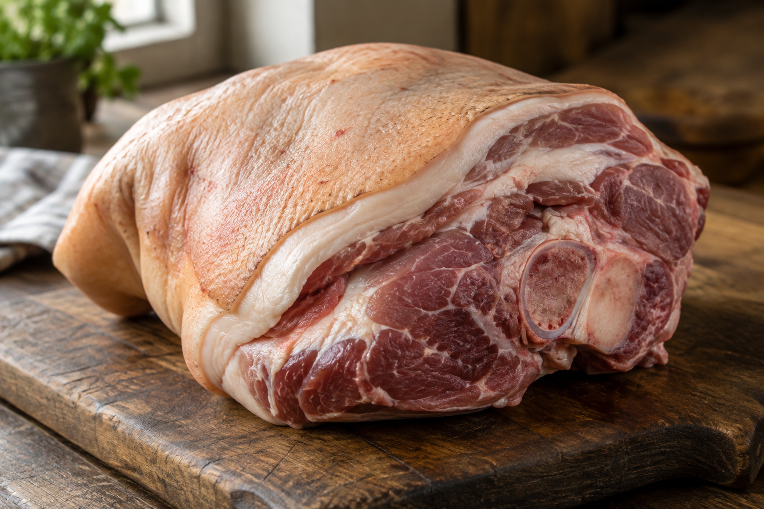 Picnic Shoulder vs Boston Butt: Which Pork Shoulder Cut Should You Buy? 7 Raw picnic pork shoulder with skin and bone intact on a cutting board