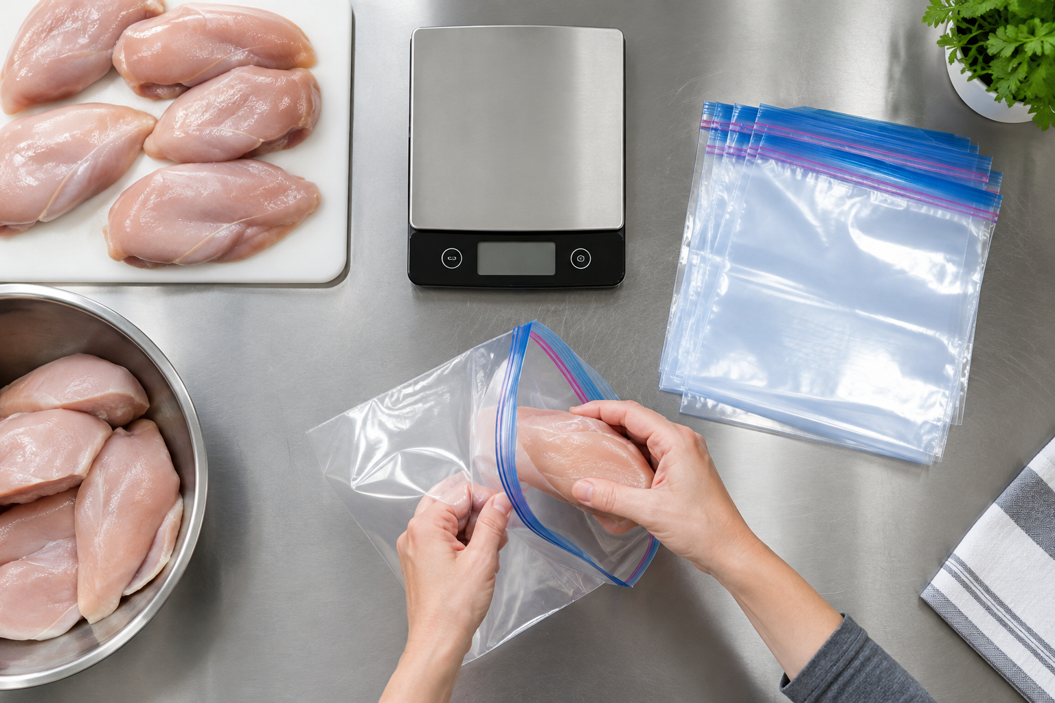How to Buy Meat for Two Without Wasting Money 6 Portioning raw meat into freezer bags on a kitchen counter