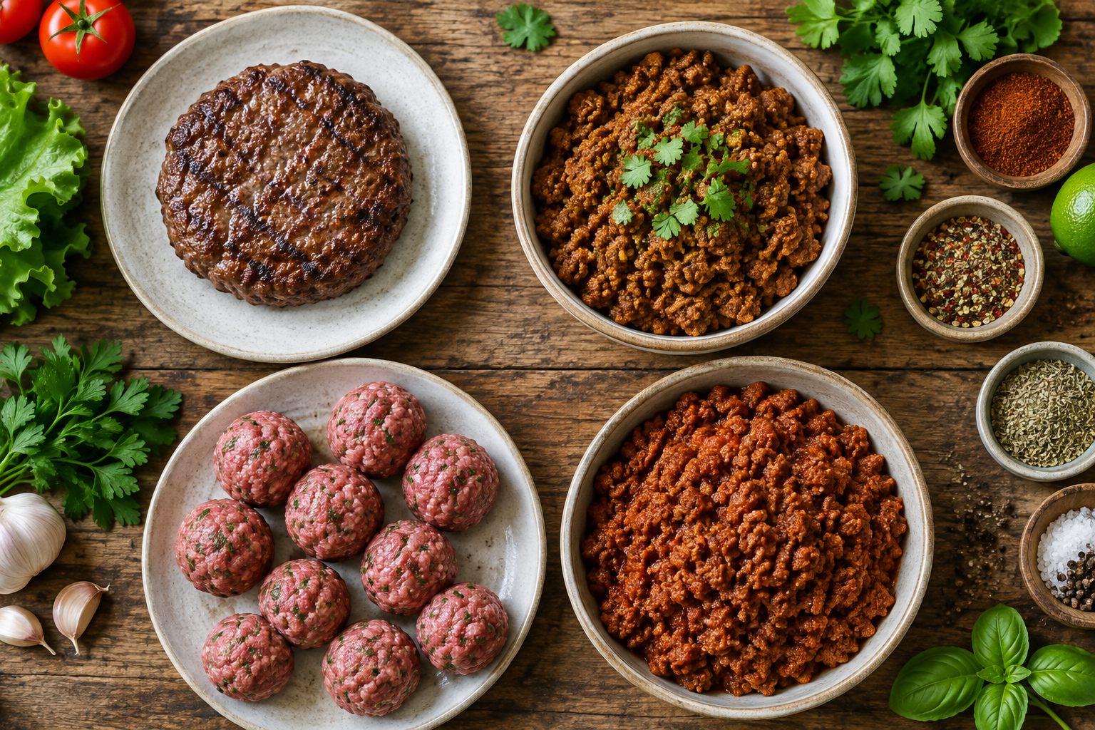 How Much Ground Beef Per Person? Burgers, Tacos, Meatballs, and More 8 Flat-lay of different ground beef dishes including burgers, tacos, and meatballs