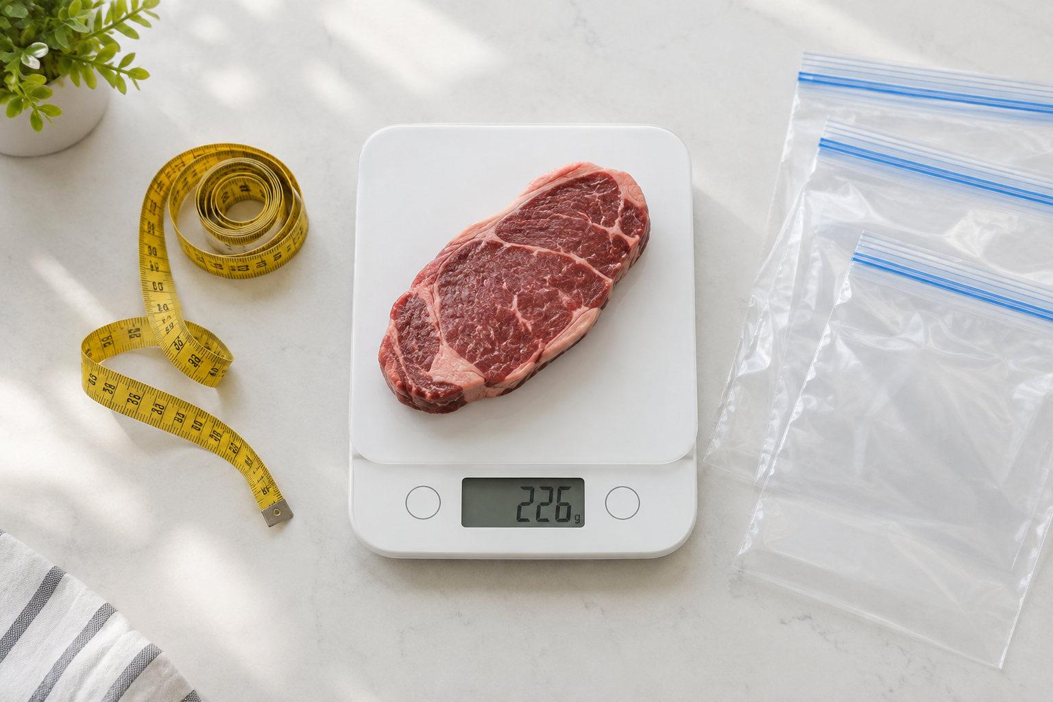 Buying Meat in Bulk: When the Lower Price per Pound Really Saves Money 9 Kitchen scale weighing a single portion of raw meat for portion control