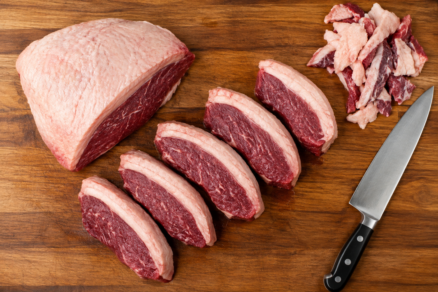 Picanha vs Ribeye: Which Steak Gives Better Eating Value? 7 Picanha steak being portioned with trimmed fat set aside on a cutting board