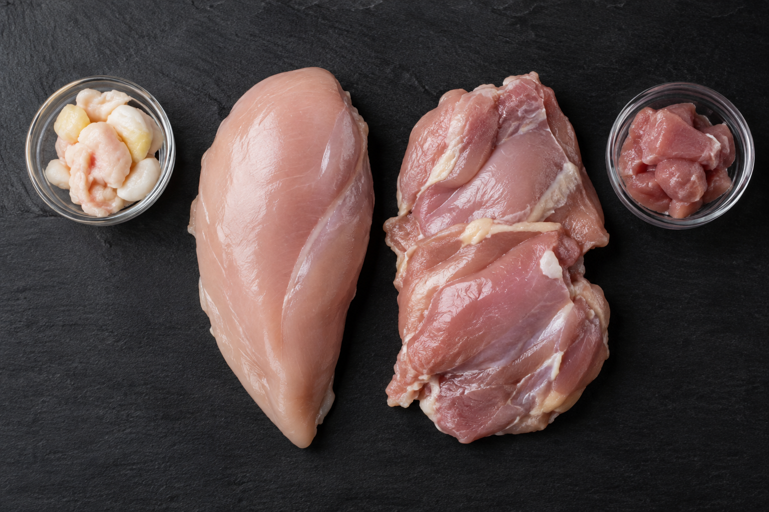 Raw chicken breast and thigh showing differences in fat and lean meat