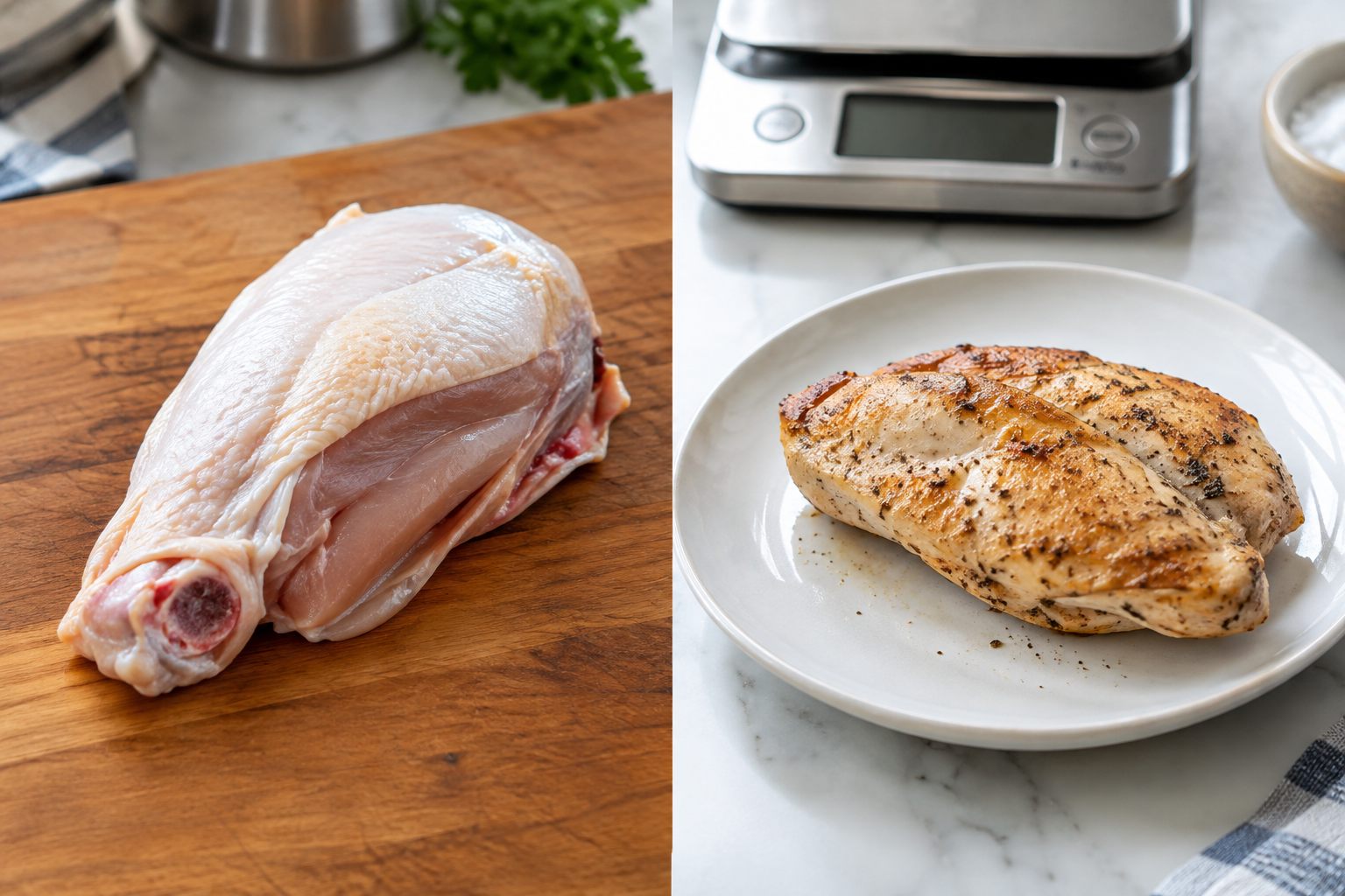 How to Compare Meat Prices When Package Sizes Are Different 6 Raw bone-in meat compared to trimmed cooked portion on a plate