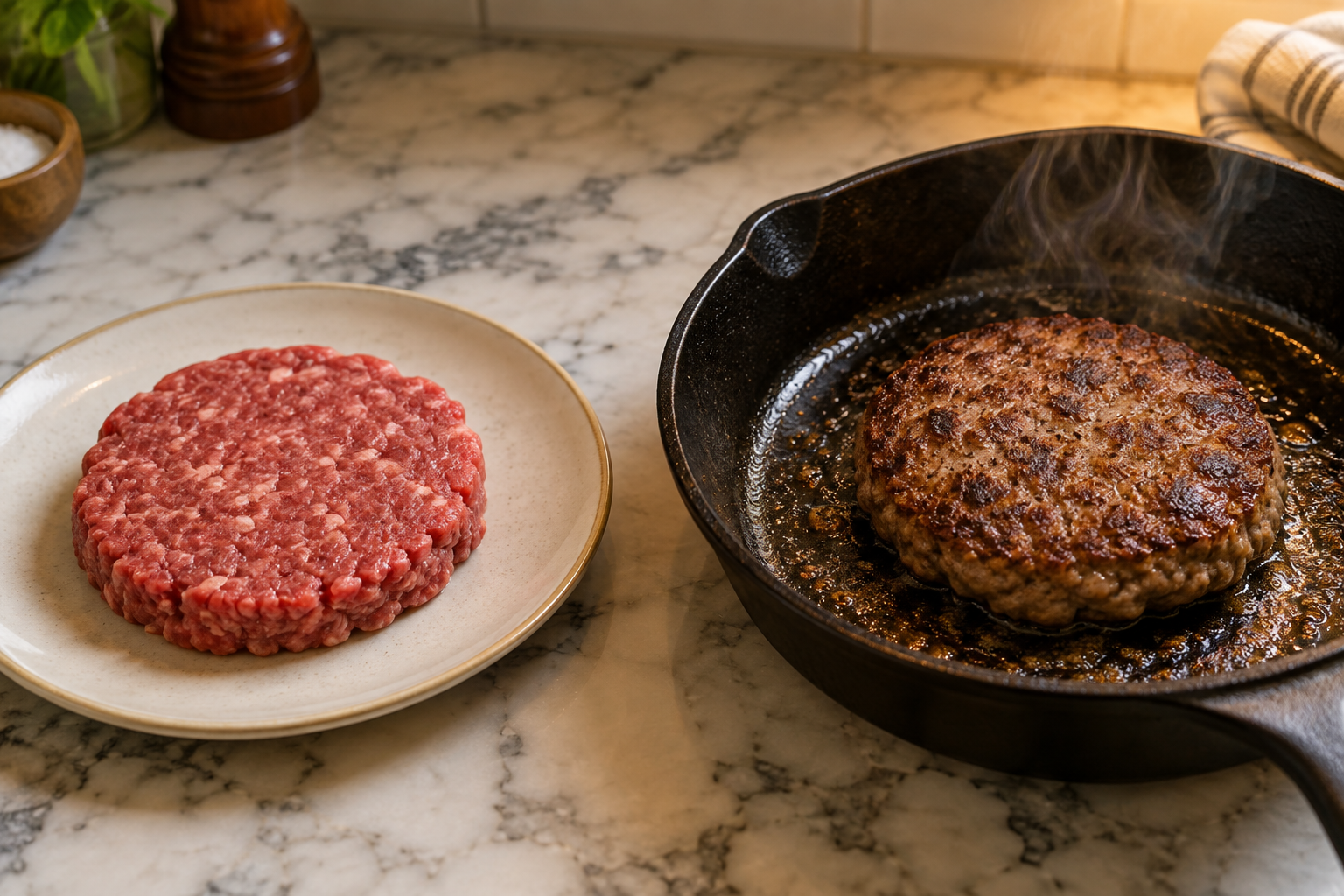 How Much Ground Beef Per Person? Burgers, Tacos, Meatballs, and More 7 Side-by-side comparison of raw versus cooked ground beef patty showing shrinkage