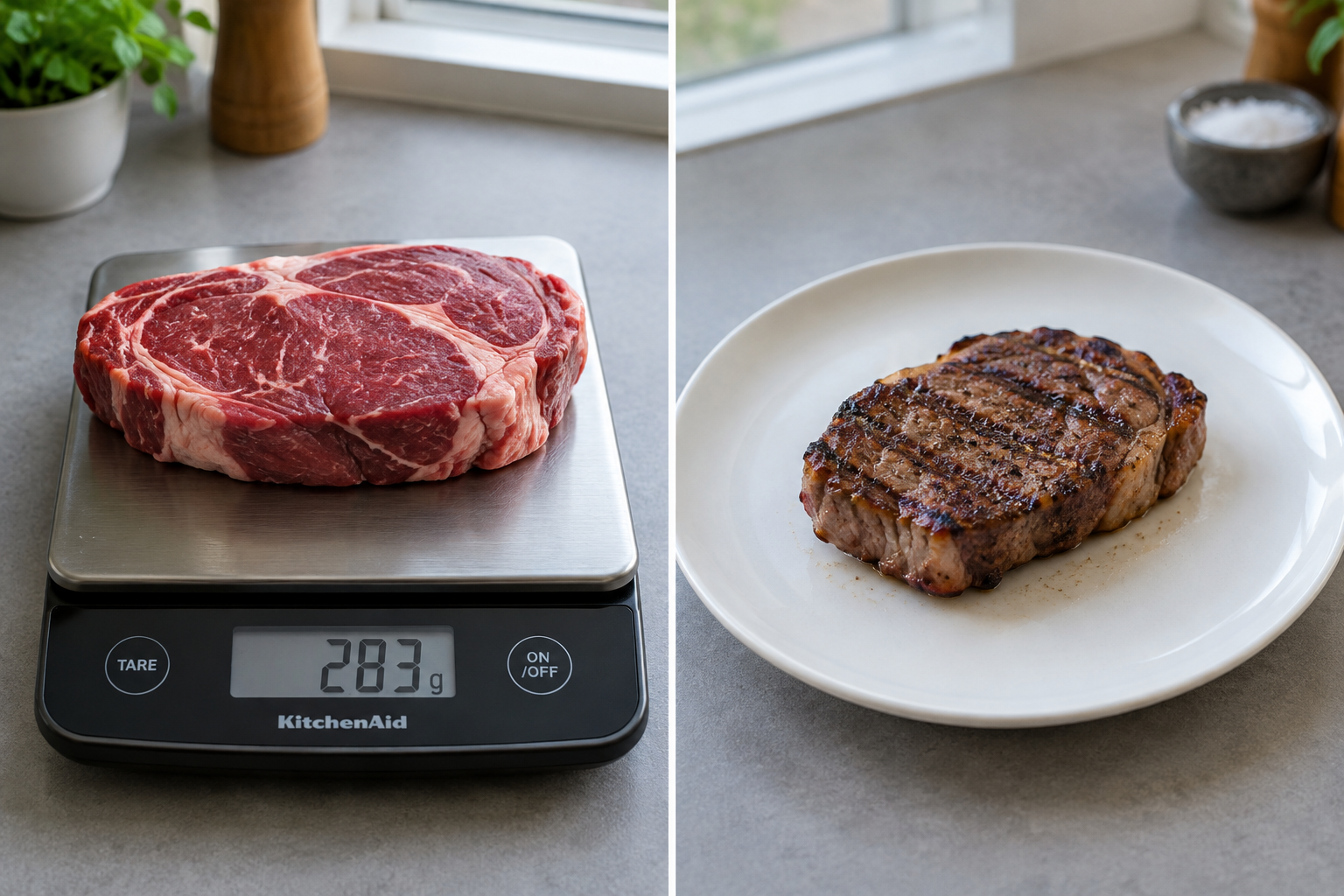 Comparison of raw versus cooked steak showing size and weight difference