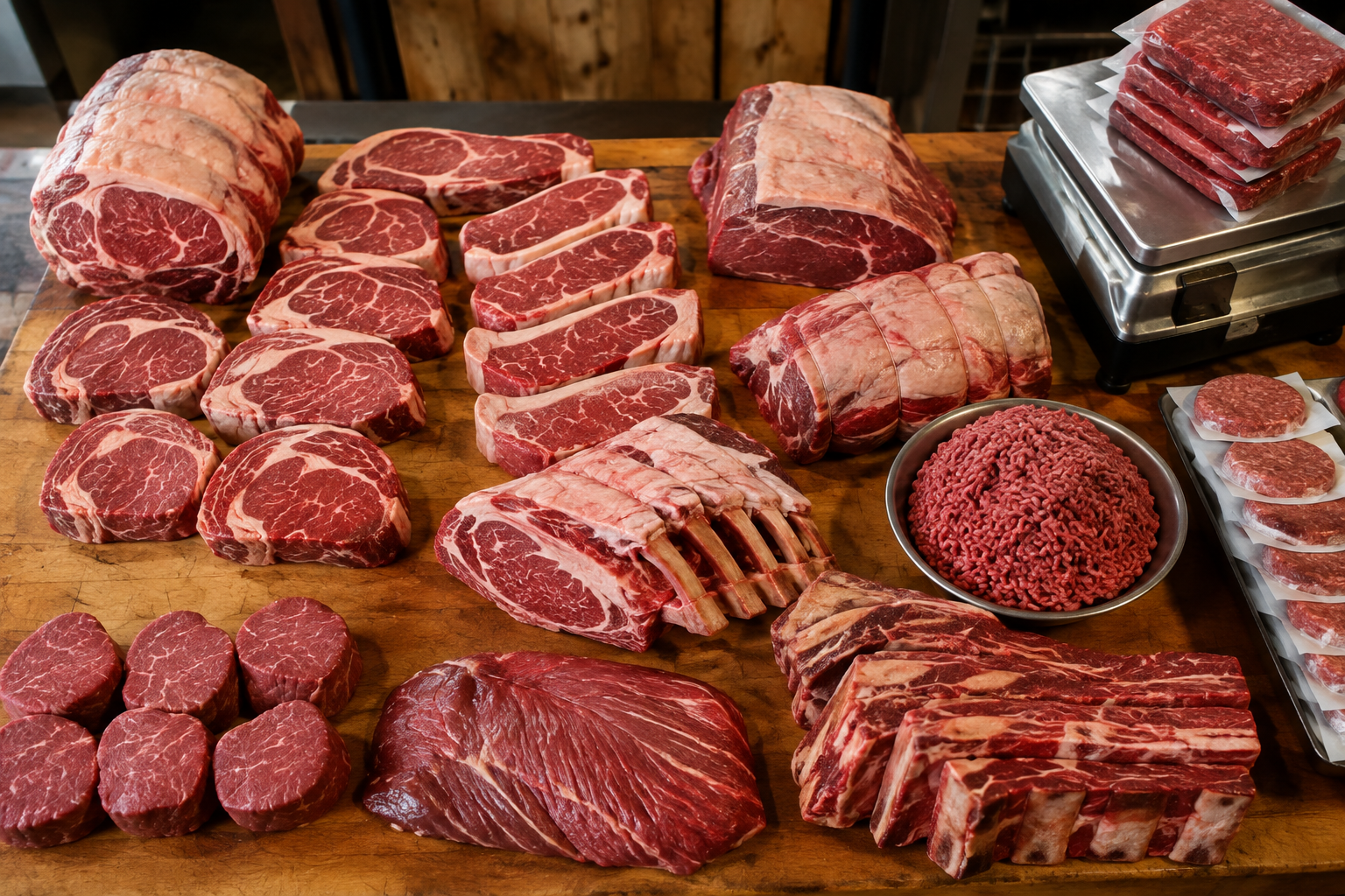 How Much Meat Do You Get From a Quarter Cow? Yield, Cuts, and Freezer Space 7 Assorted beef cuts and packages arranged to show realistic meat yield from a quarter cow