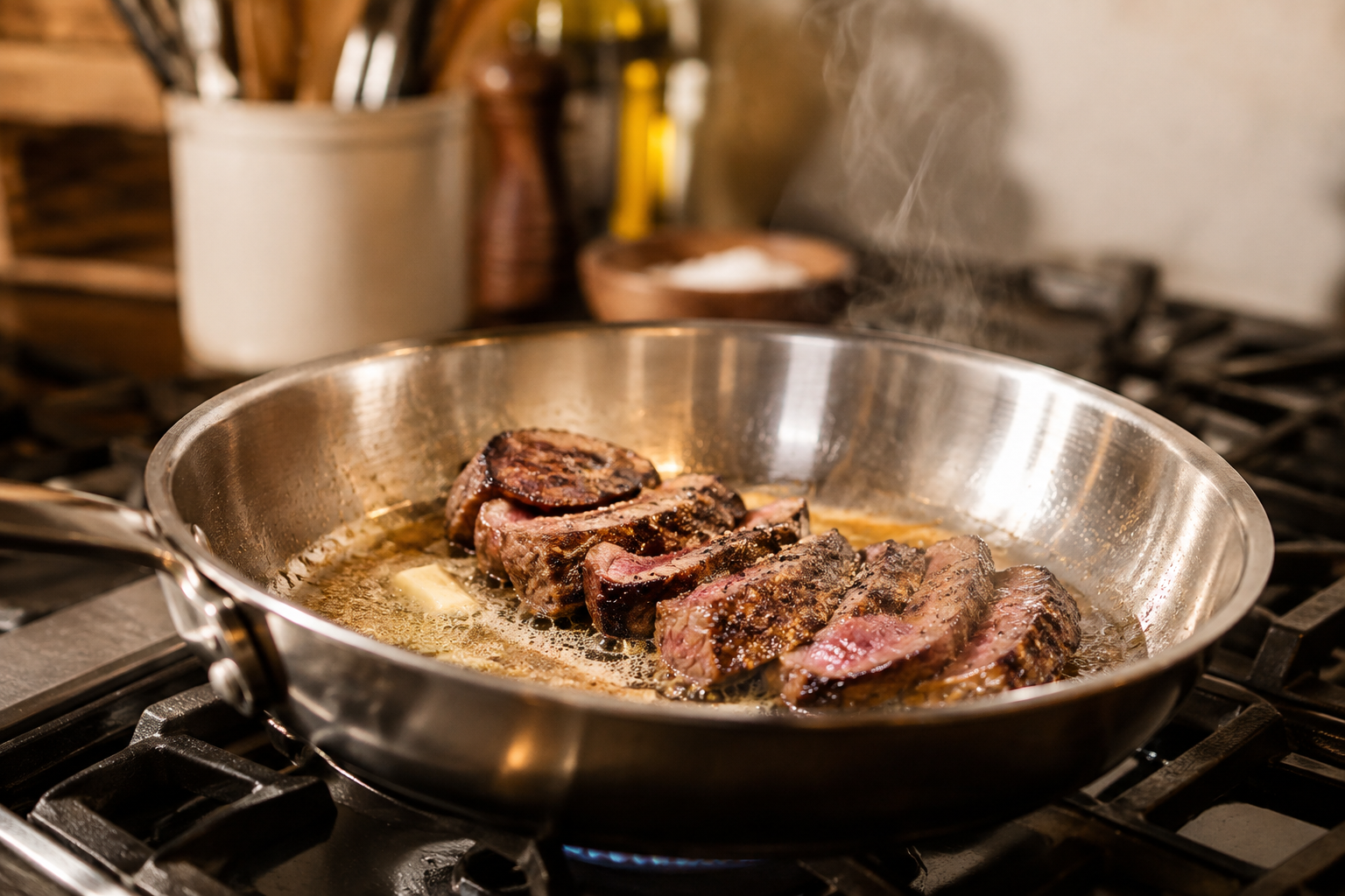 How Long Can Cooked Steak Stay in the Fridge? 9 Sliced steak being safely reheated in a skillet with butter and steam rising