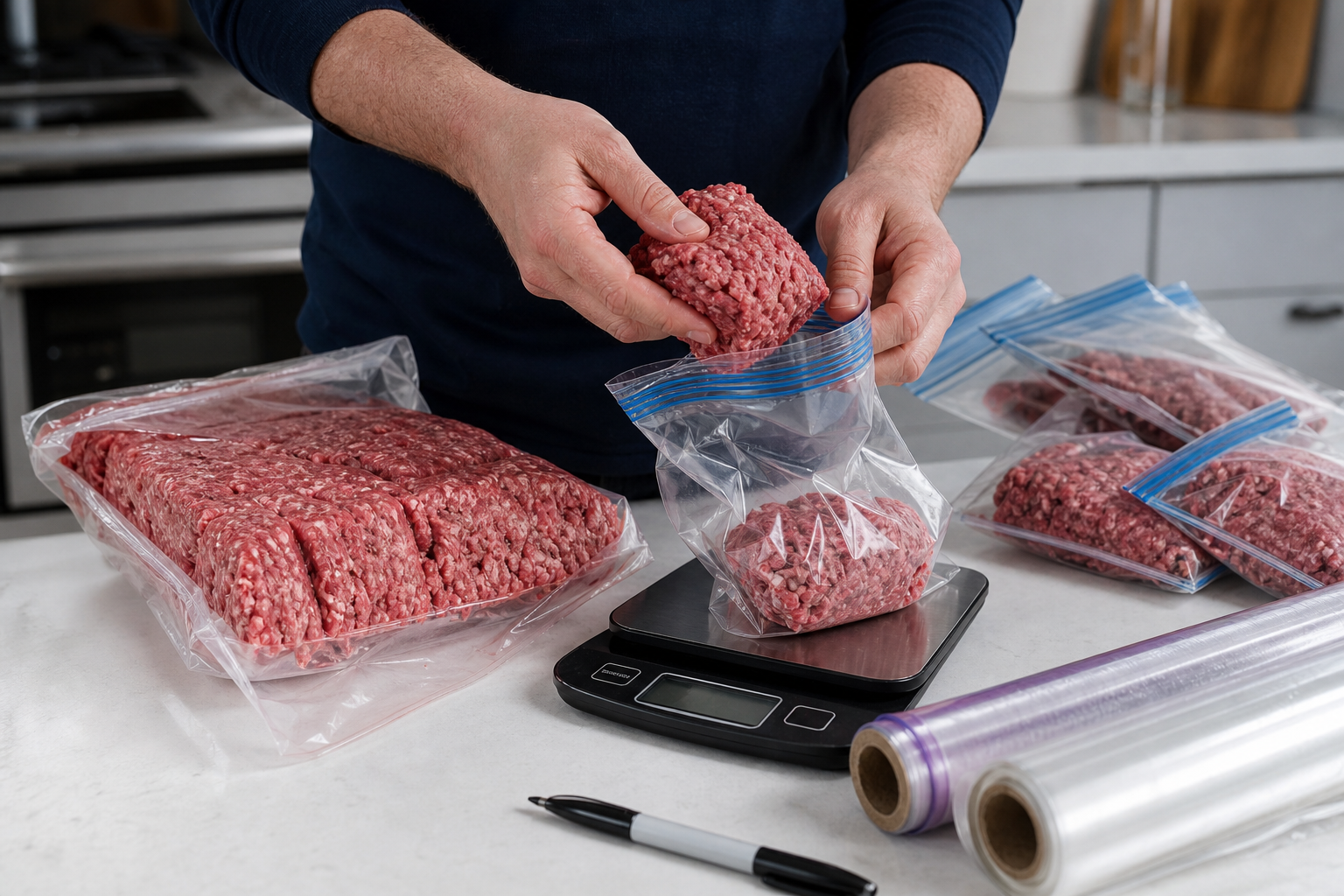 Hands repackaging a large meat pack into smaller freezer portions