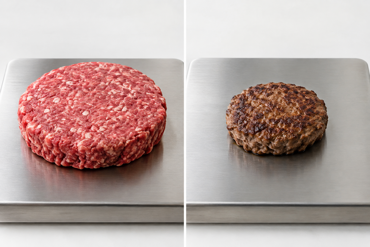 Raw versus cooked beef patty showing size shrinkage