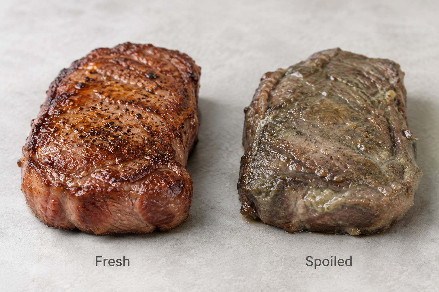 How Long Can Cooked Steak Stay in the Fridge? 8 Comparison of fresh versus spoiled cooked steak showing signs of spoilage