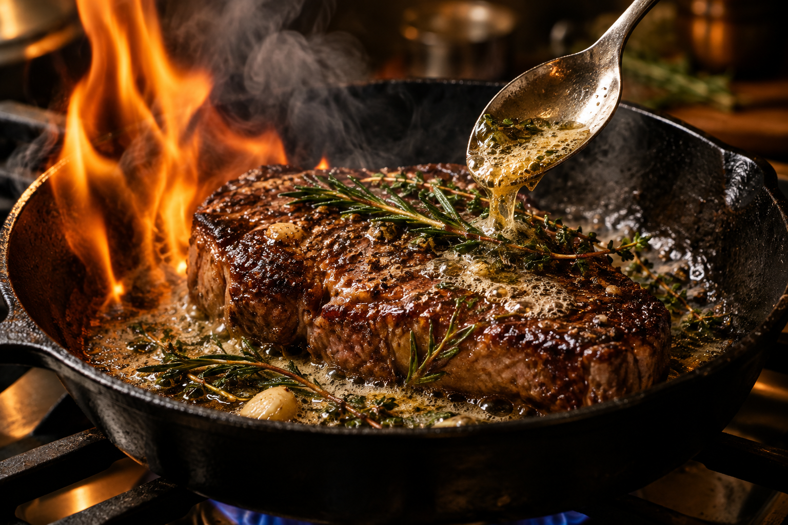 New York Strip vs Ribeye: Which Steak Is the Smarter Buy? 9 Steak searing in a cast iron skillet with butter and herbs being basted over it