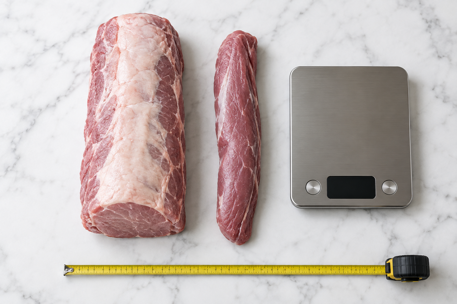 Pork loin and tenderloin compared for size and serving yield on a kitchen counter