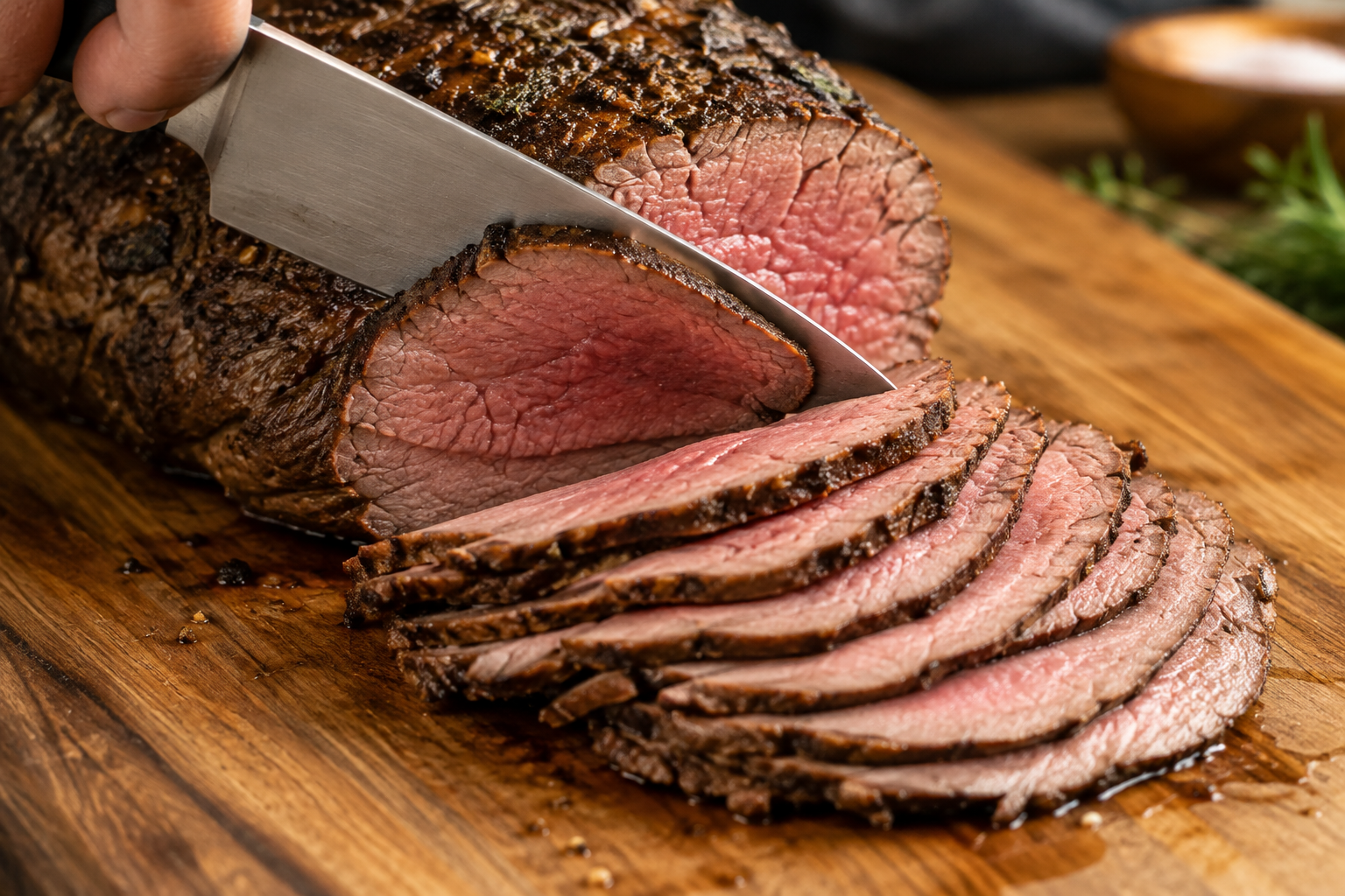 Top Round vs Bottom Round: Which Cheap Roast Should You Buy? 9 Chef slicing cooked beef roast thinly against the grain