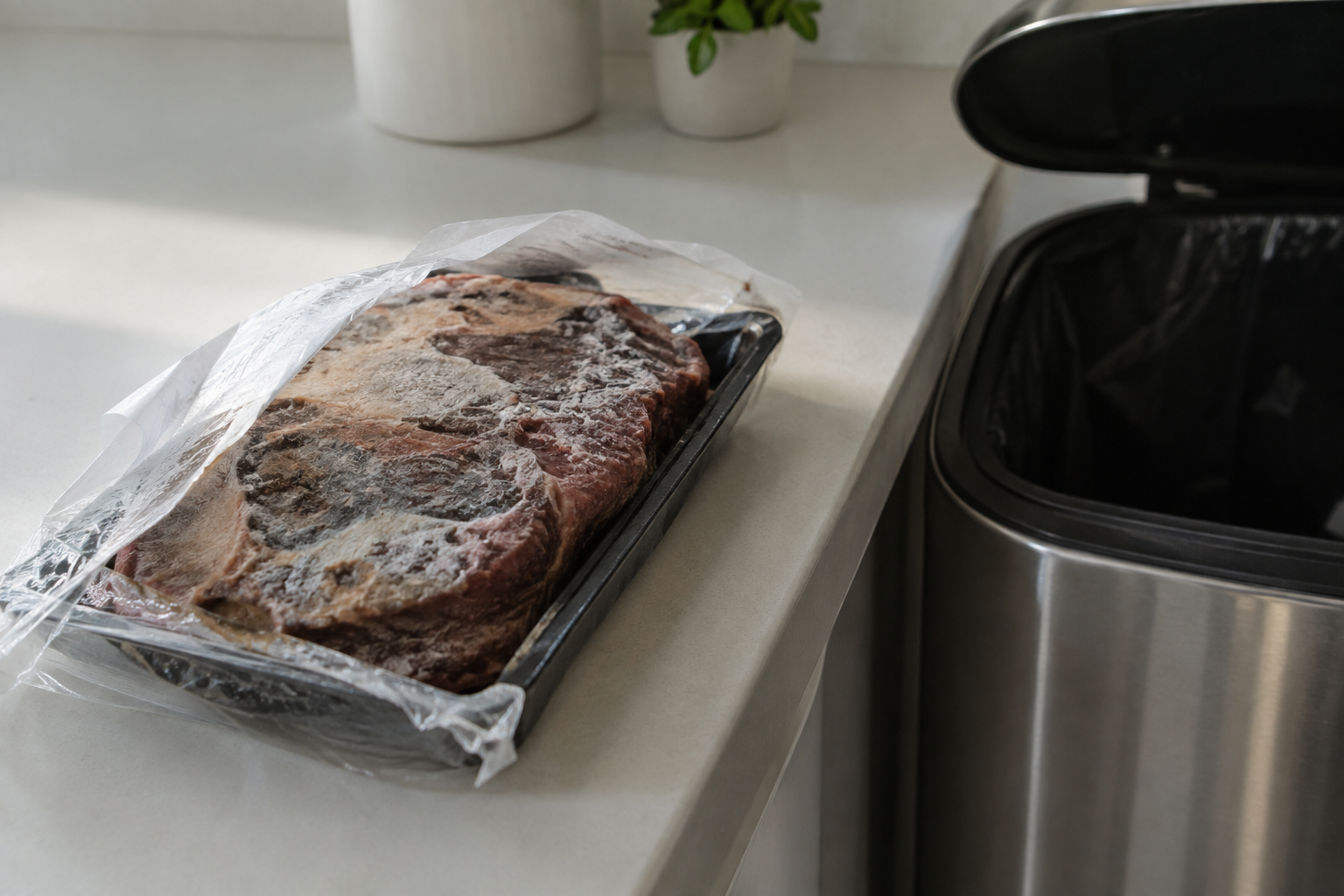 Buying Meat in Bulk: When the Lower Price per Pound Really Saves Money 7 Spoiled, freezer-burned meat next to a trash can showing food waste