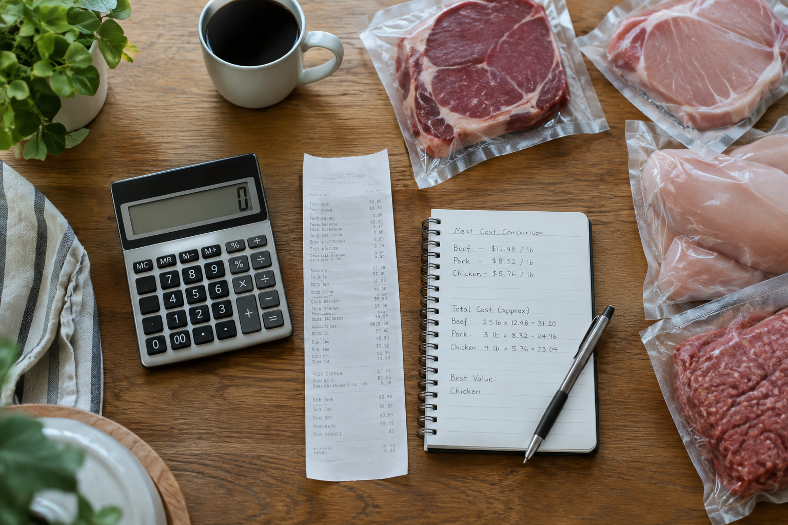 How to Compare Meat Subscription Boxes With Grocery-Store Meat 5 Calculator and receipt beside meat packages representing true cost comparison