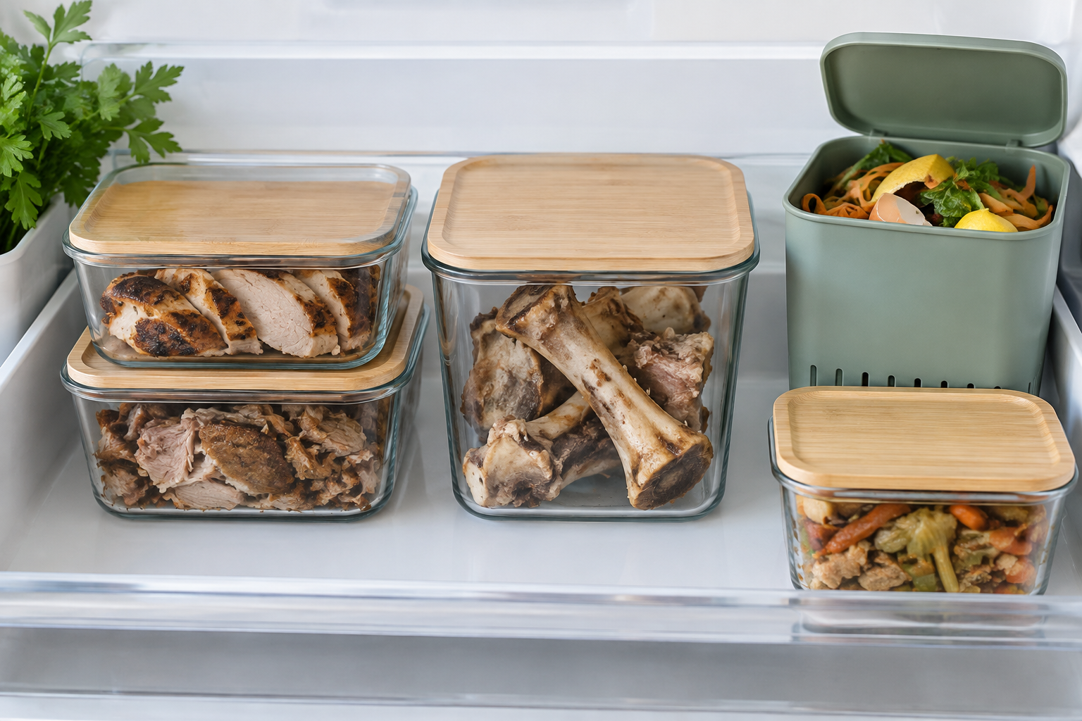 Organized glass containers of leftover meat and bones for stock in a clean kitchen