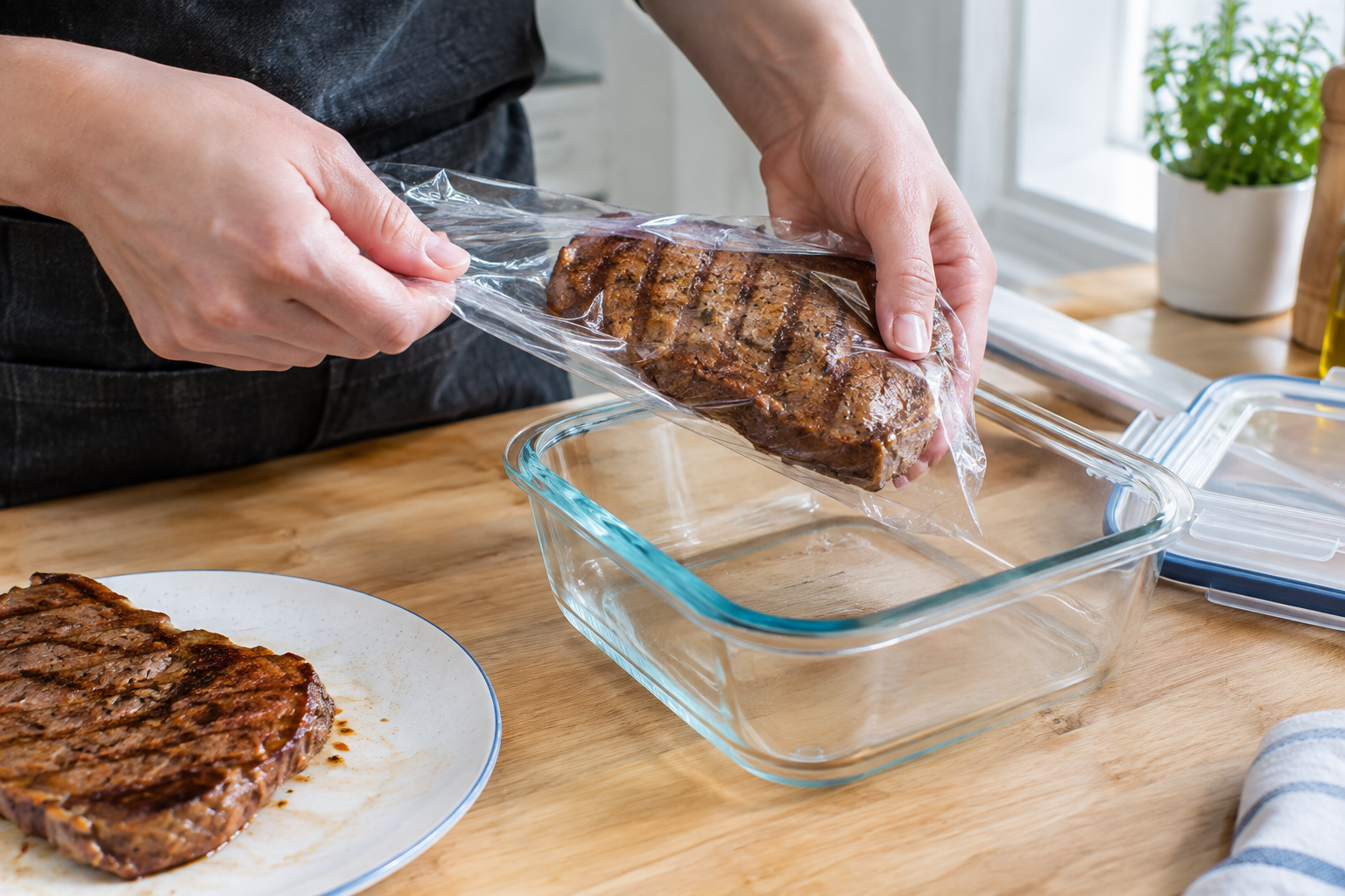 How Long Can Cooked Steak Stay in the Fridge? 7 Hands wrapping and sealing leftover cooked steak for storage