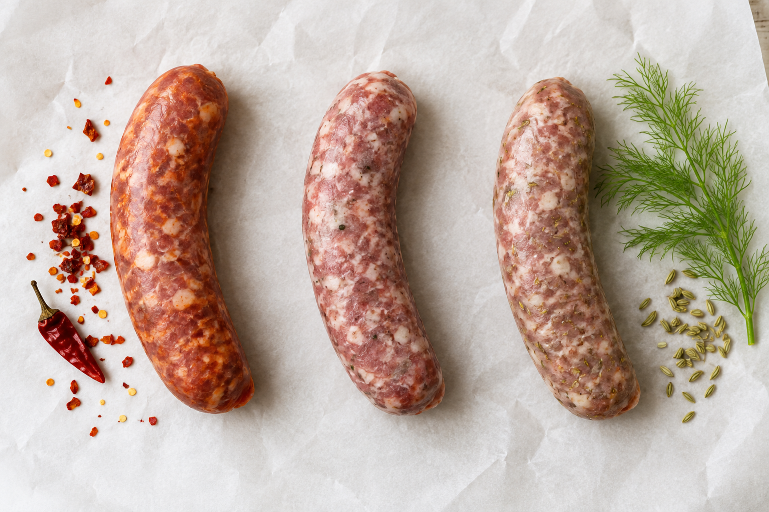 Three varieties of Italian sausage: sweet, hot, and mild
