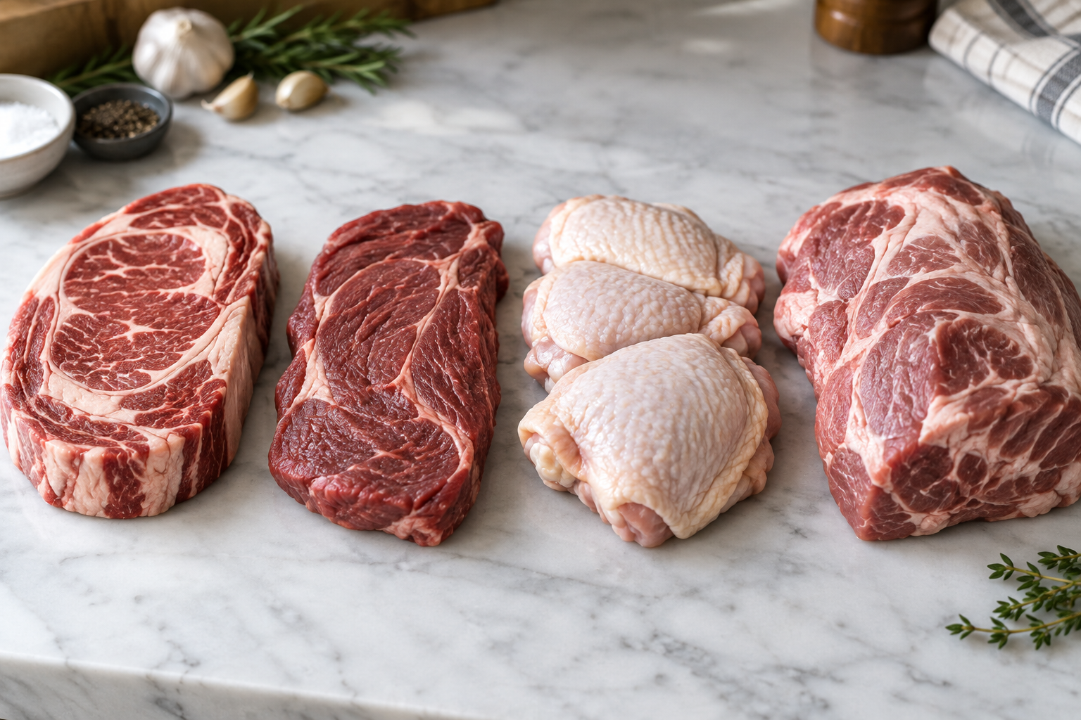 Assorted raw meat cuts including ribeye, chuck steak, chicken thighs, and pork shoulder on a marble counter