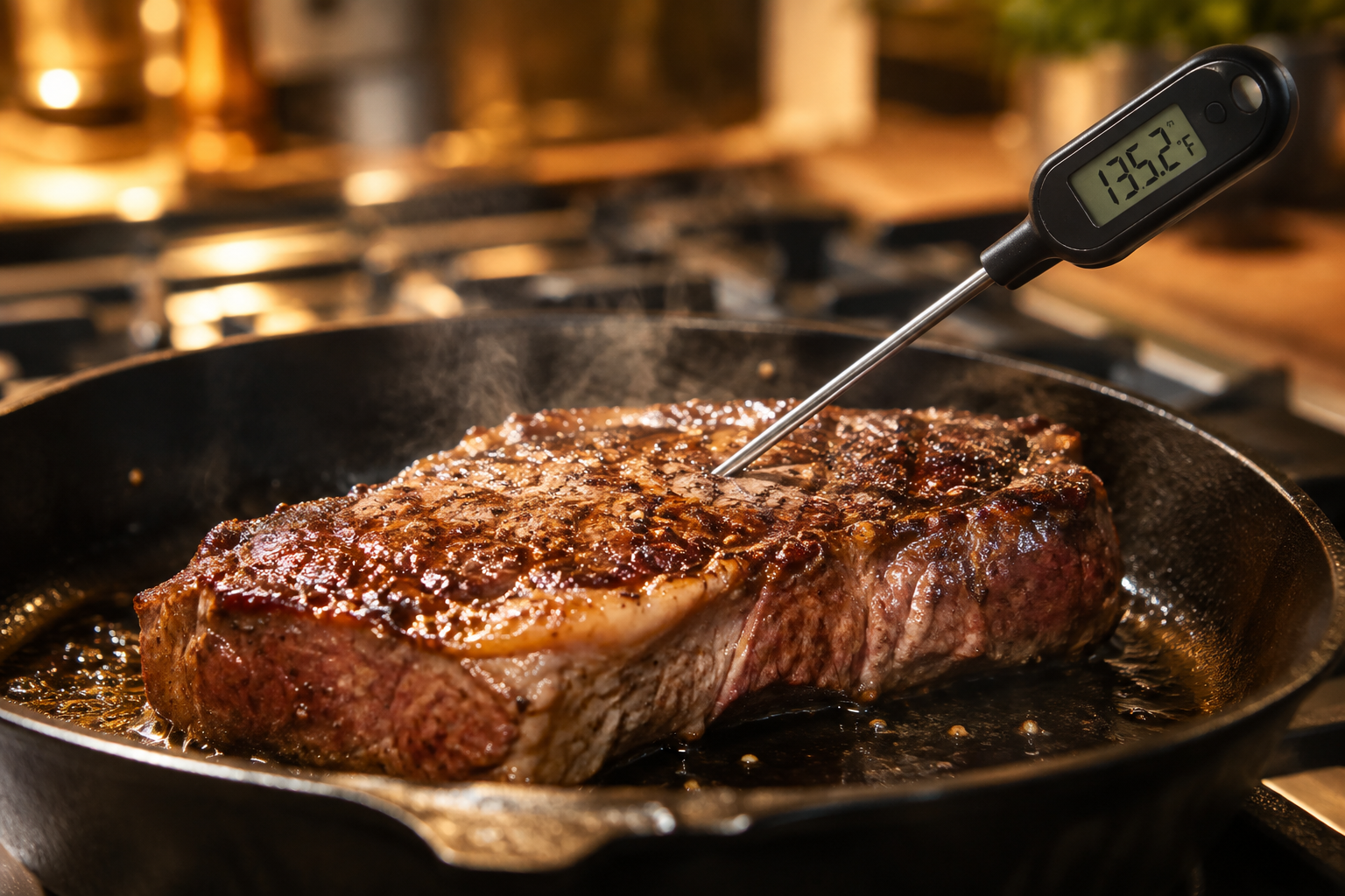 Why Is My Steak Chewy? 8 Common Causes 2 Meat thermometer checking the internal temperature of a seared steak in a skillet