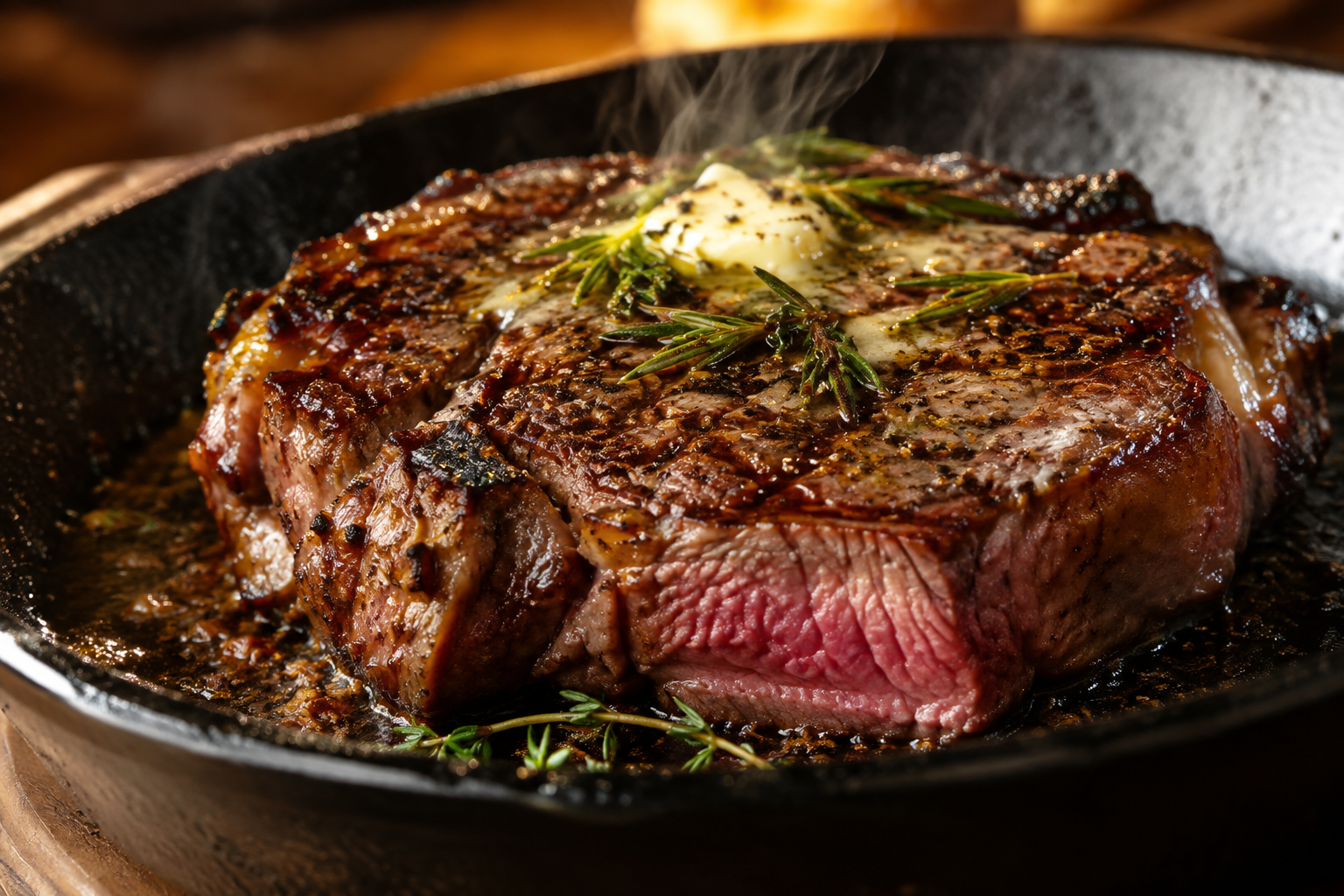 Picanha vs Ribeye: Which Steak Gives Better Eating Value? 8 Seared ribeye steak with a juicy interior and golden crust in a cast iron skillet
