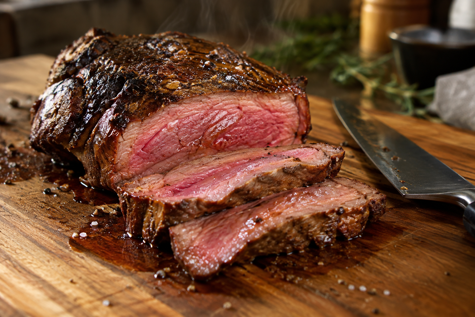 Sliced beef clod heart steak showing tender pink interior and seared crust