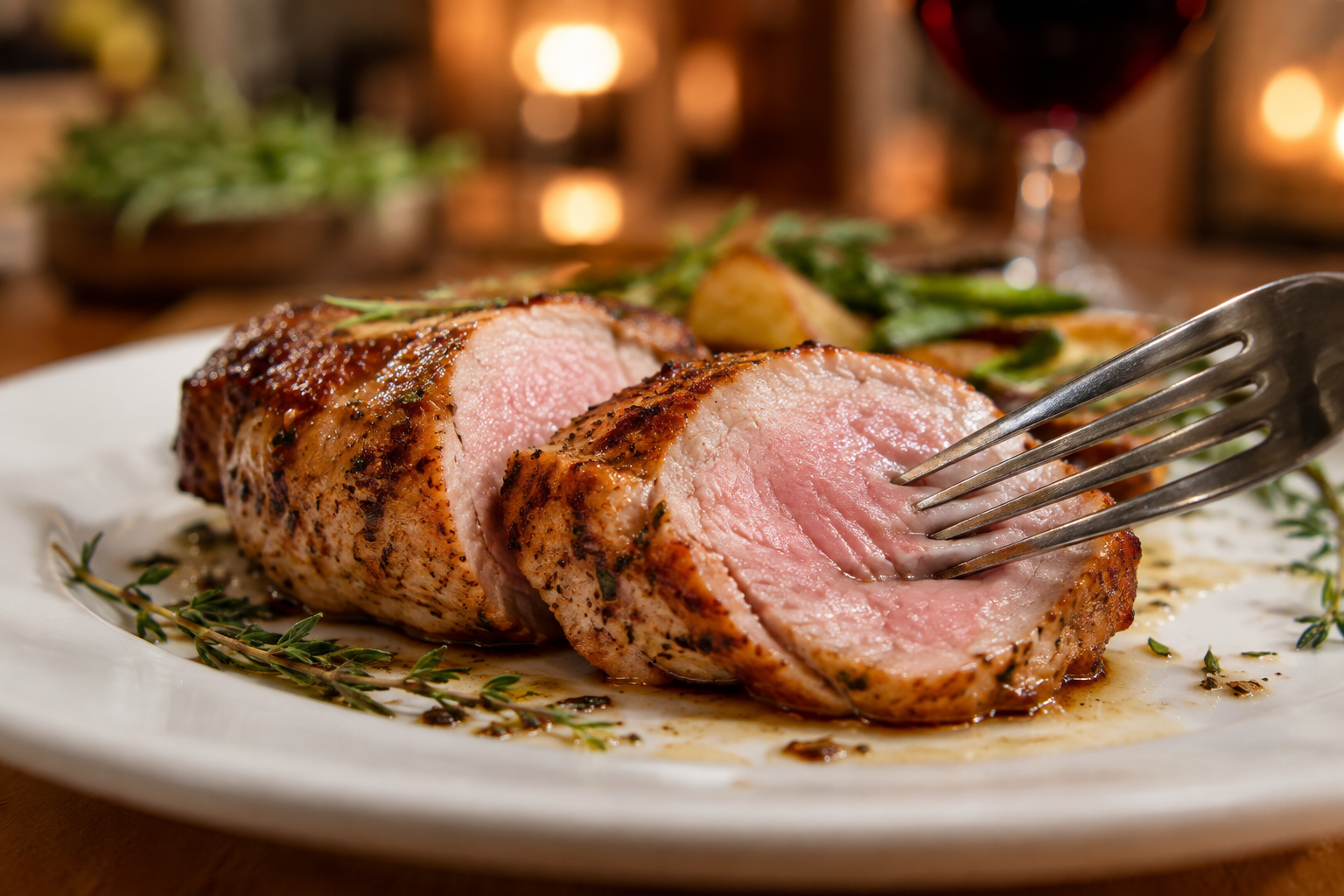 Close-up of tender, juicy sliced pork showing texture and flavor