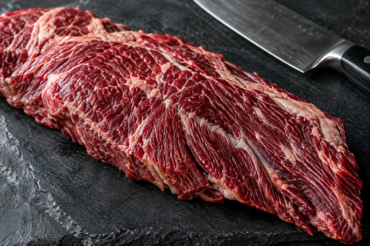Close-up of marbled chuck flap meat showing texture and fat content