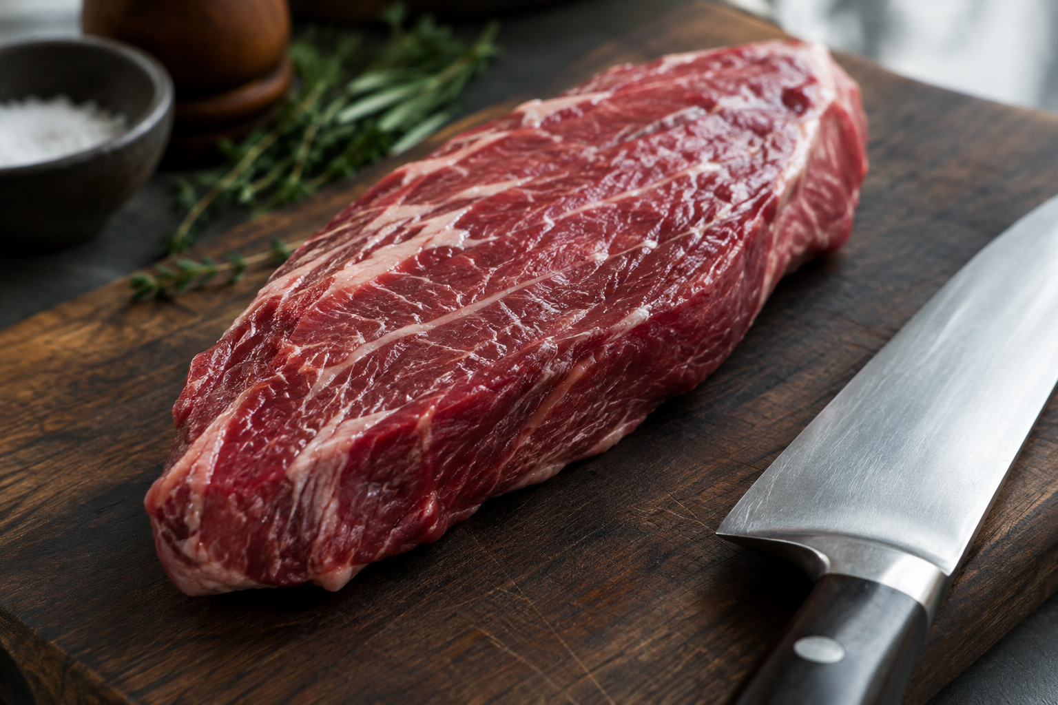 Close-up of a raw teres major steak showing its marbling and tenderness