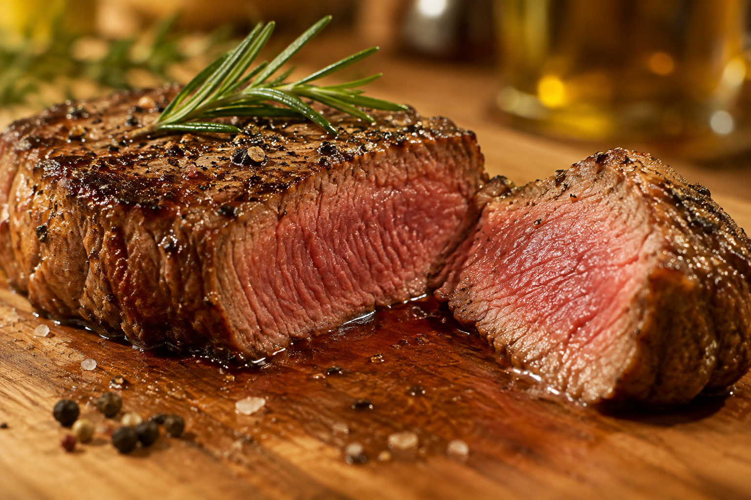 Sliced petite tender steak showing juicy medium-rare tenderness