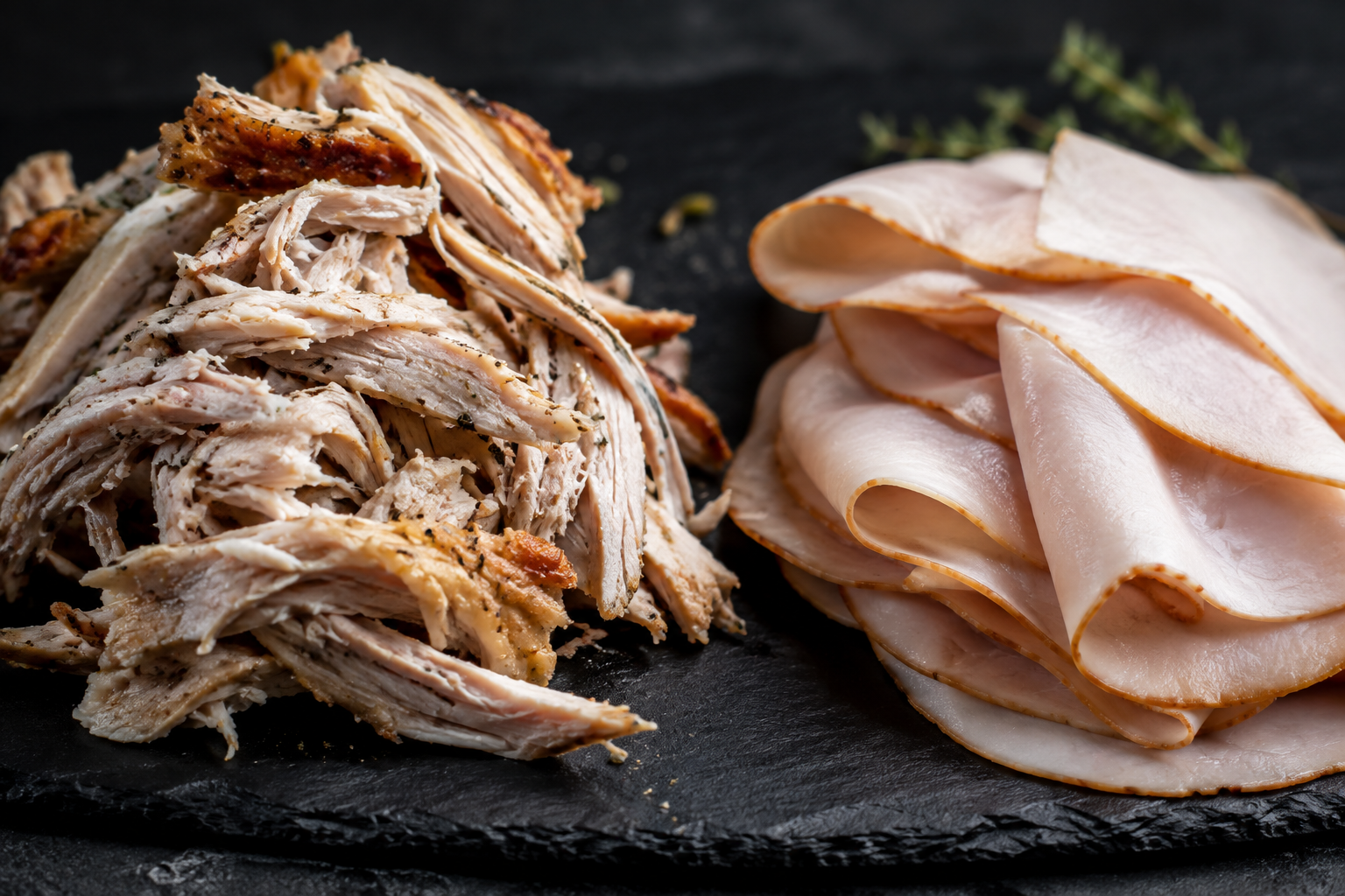 Close-up comparison of roasted turkey breast texture versus deli turkey slice texture