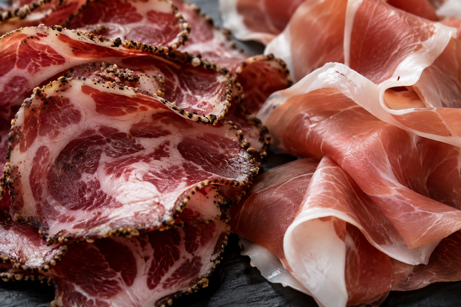 Capicola vs Prosciutto: Flavor, Cut, Curing, and Best Uses 5 Close-up of sliced capicola and prosciutto showing texture and marbling differences