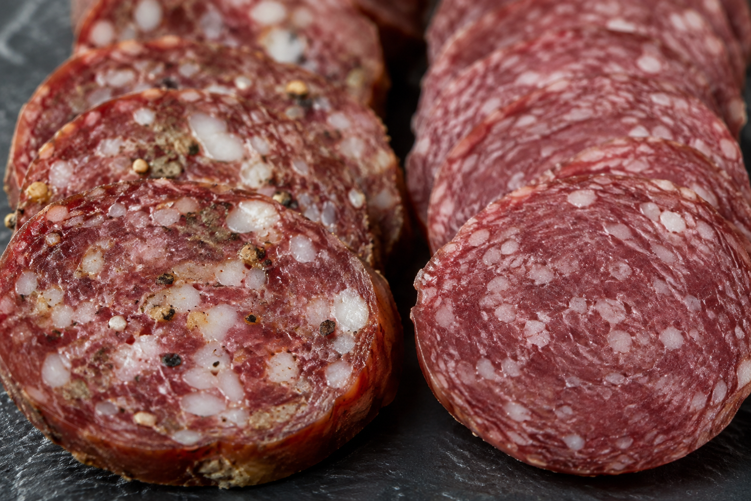 Close-up comparison of sliced summer sausage and salami textures