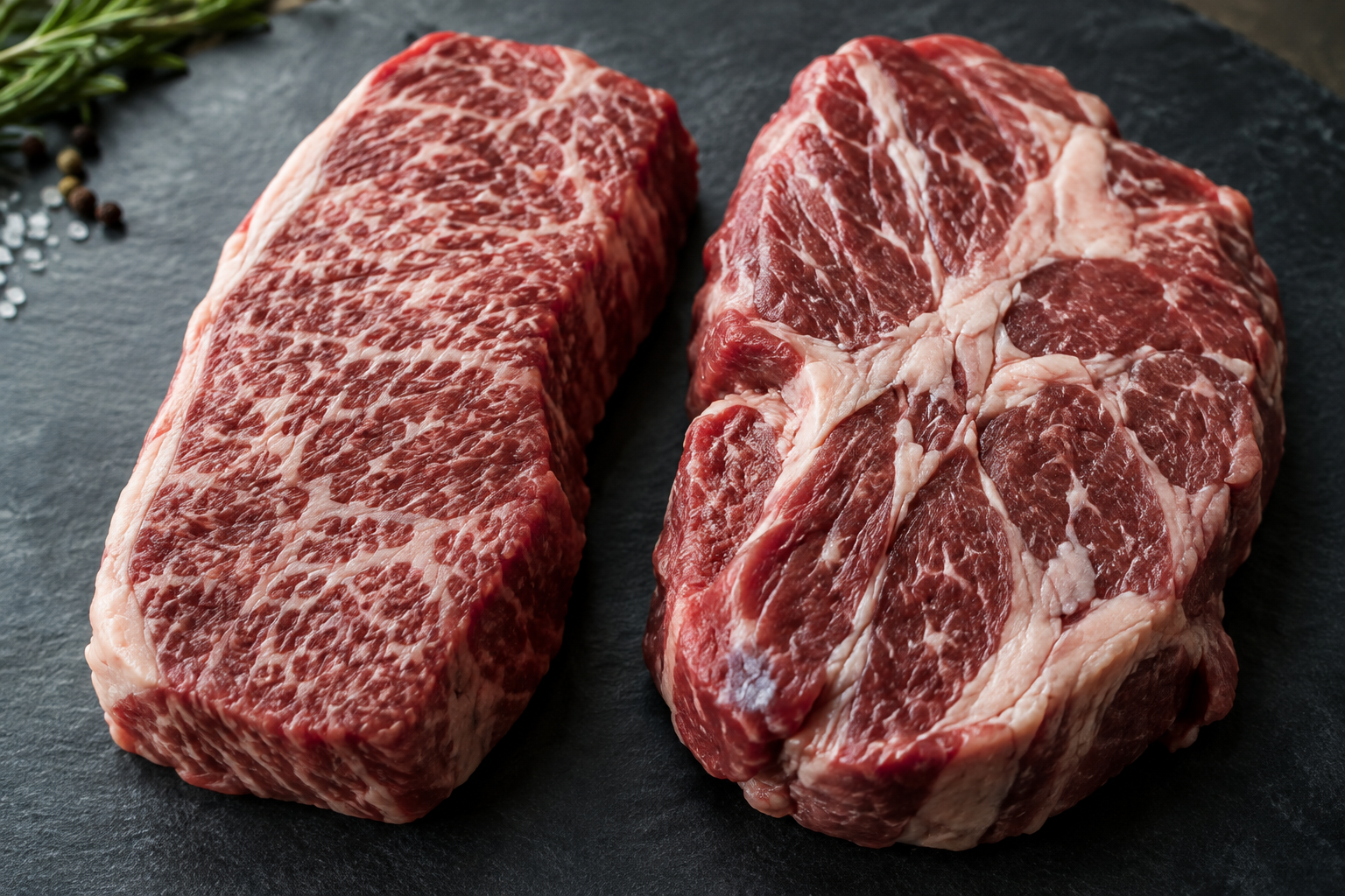 Close-up comparison of marbling and texture in Denver steak and chuck eye steak