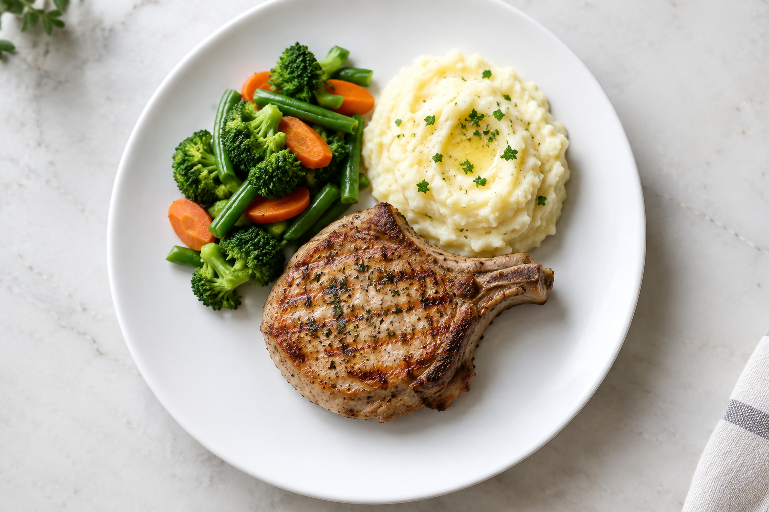How Many Pork Chops Per Person? Size and Serving Guide 5 A properly portioned pork chop meal on a white plate showing standard serving size