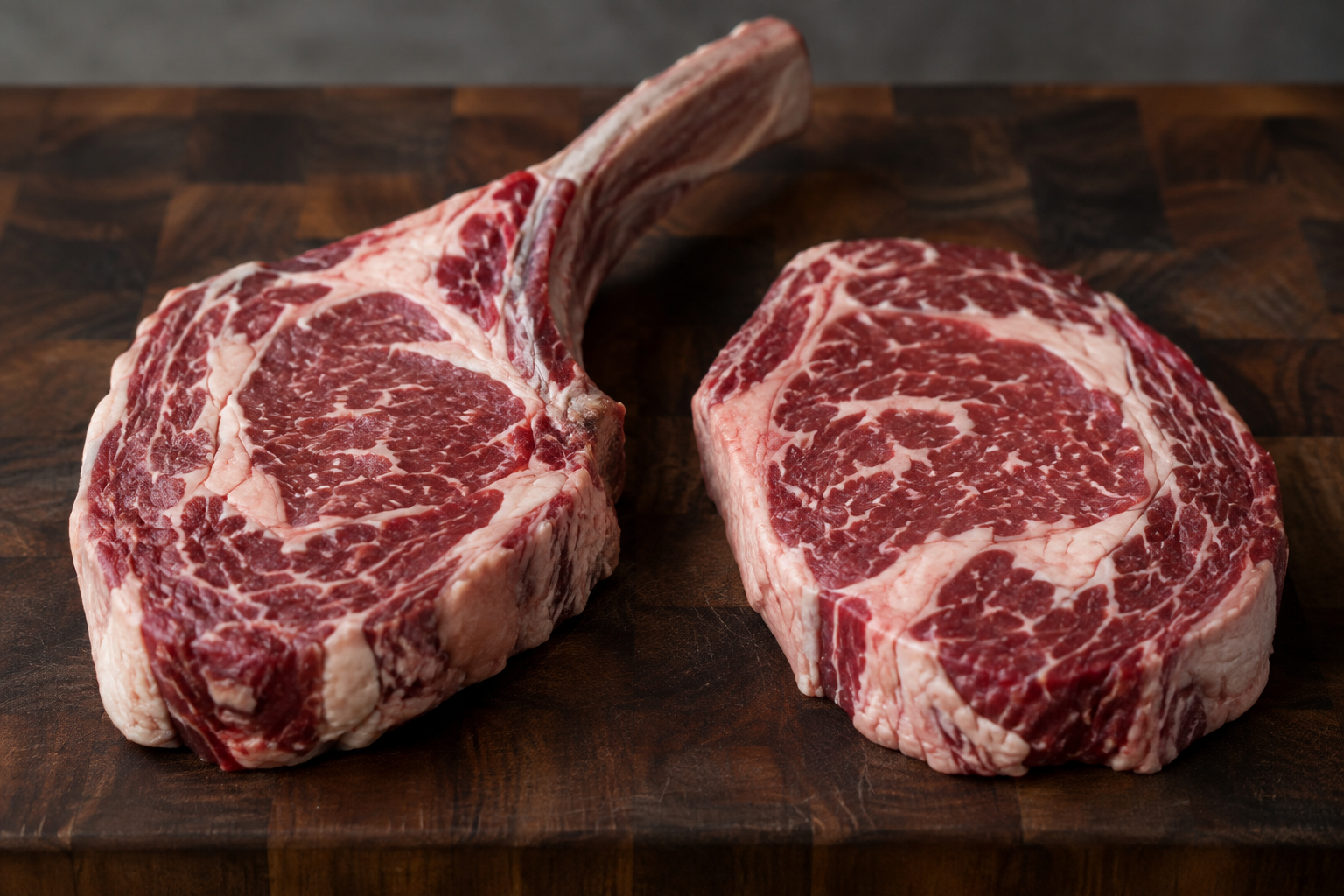 Bone-In Ribeye vs Boneless Ribeye: Which Gives You More Steak? 6 Raw bone-in and boneless ribeye steaks side by side on a butcher block