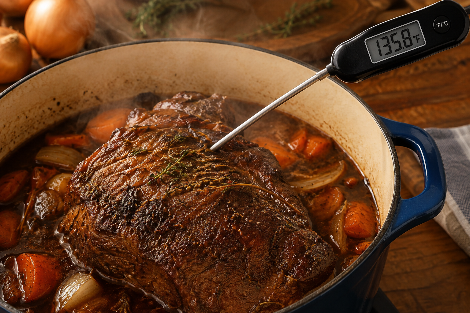 Why Is My Pot Roast Dry? Common Causes and How to Fix It 3 Meat thermometer inserted into a moist pot roast cooking in a Dutch oven