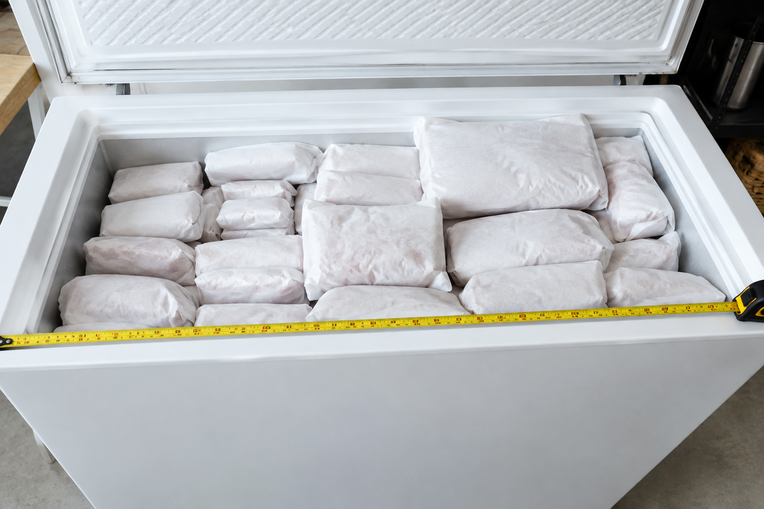 How Much Freezer Space Do You Need for a Quarter Cow? 7 Open chest freezer filled with wrapped meat packages and a tape measure showing space calculation
