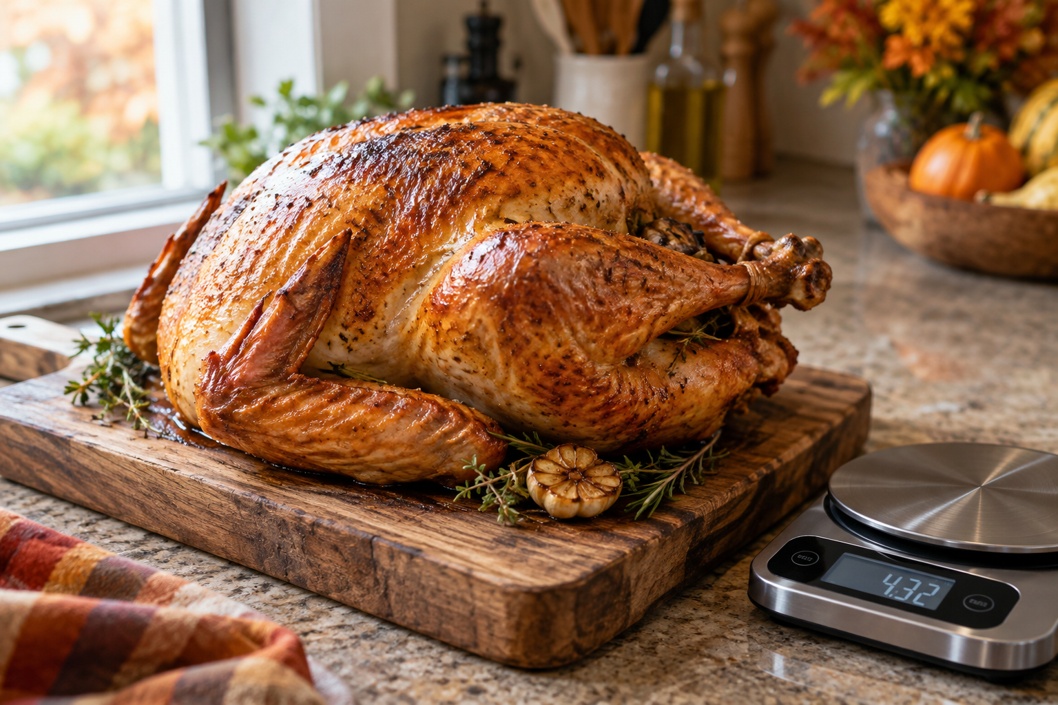 How Much Turkey Per Person? Whole Bird vs Boneless Breast 5 Whole roasted turkey on a carving board next to a kitchen scale