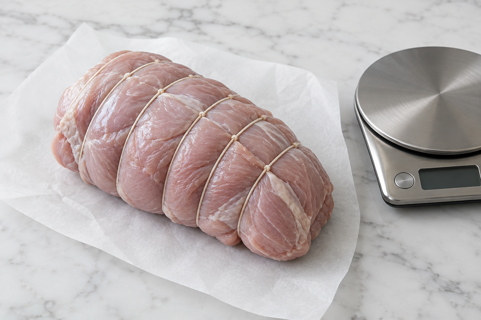 How Much Turkey Per Person? Whole Bird vs Boneless Breast 6 Boneless turkey breast roast on parchment paper next to a kitchen scale