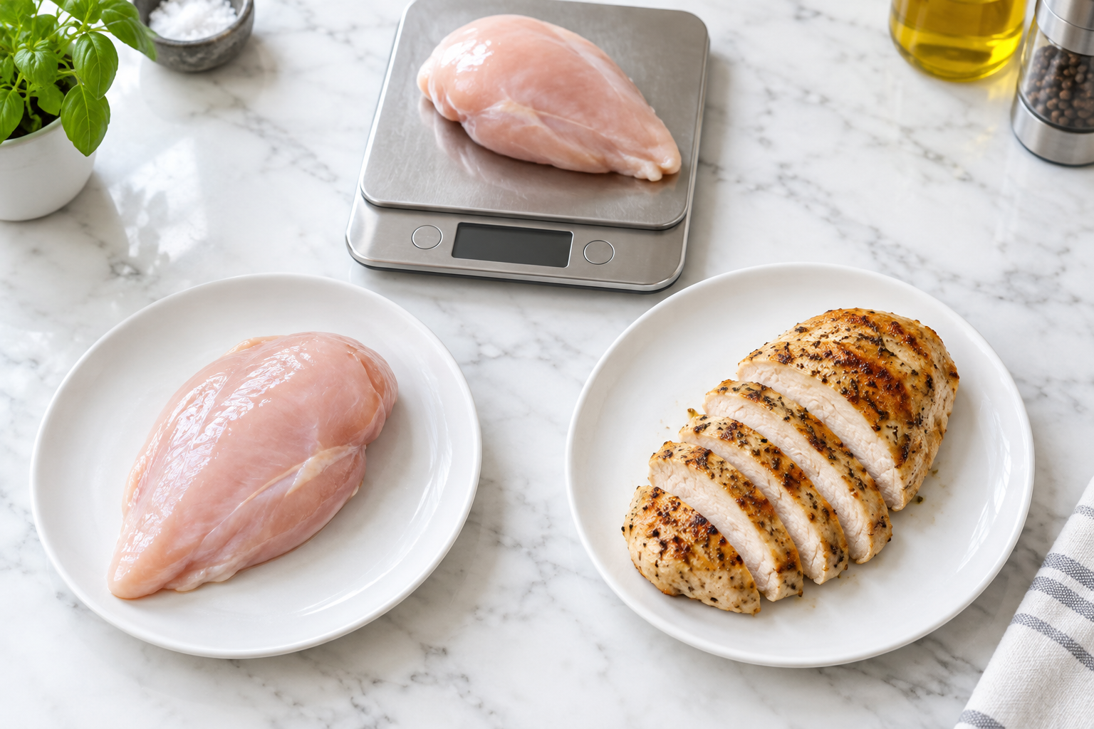 How Much Chicken Breast Per Person? Raw vs Cooked Weight Guide 6 Raw and cooked chicken breast portions compared side by side on a kitchen counter