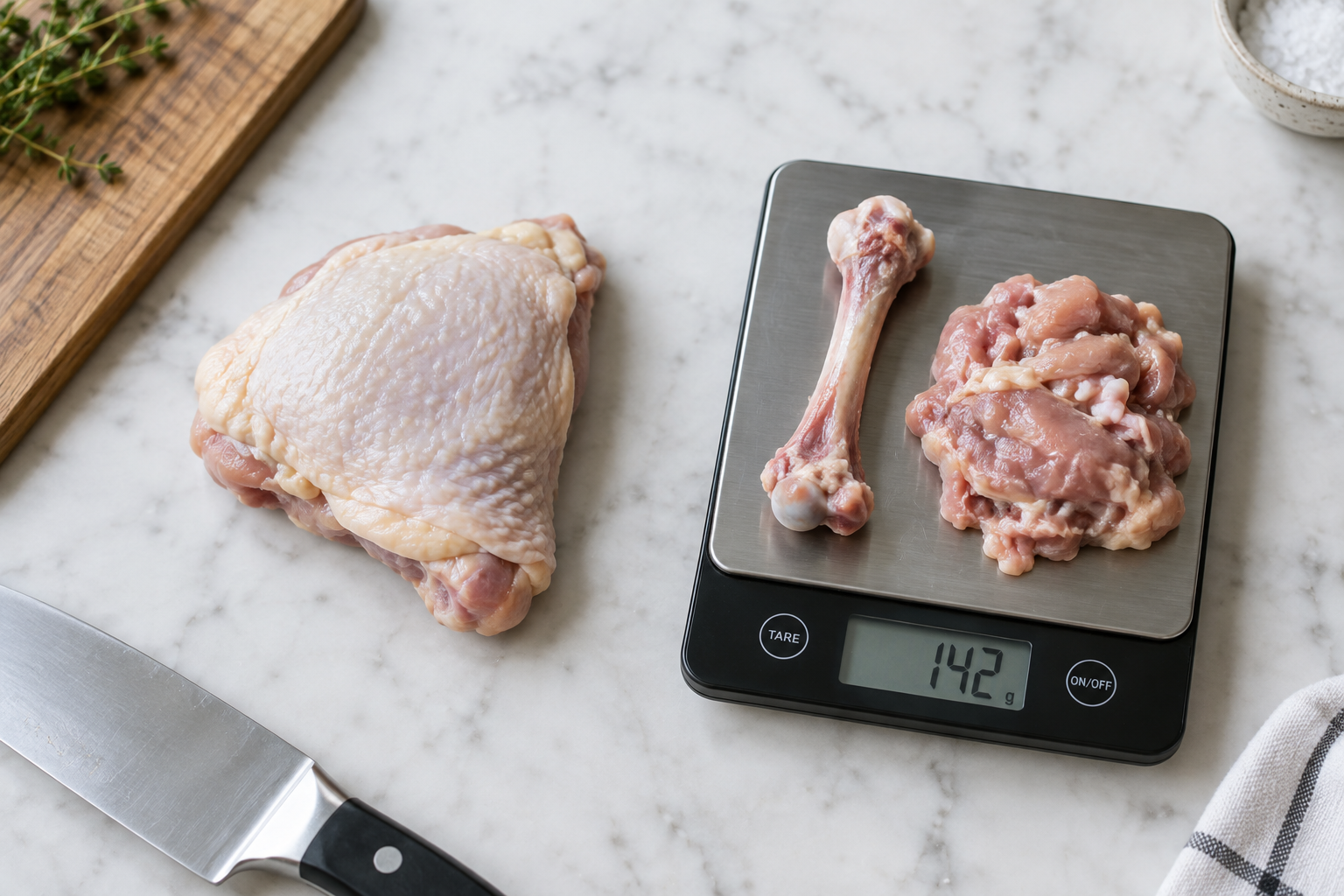Raw bone-in meat portion being weighed next to its separated bone on a kitchen scale