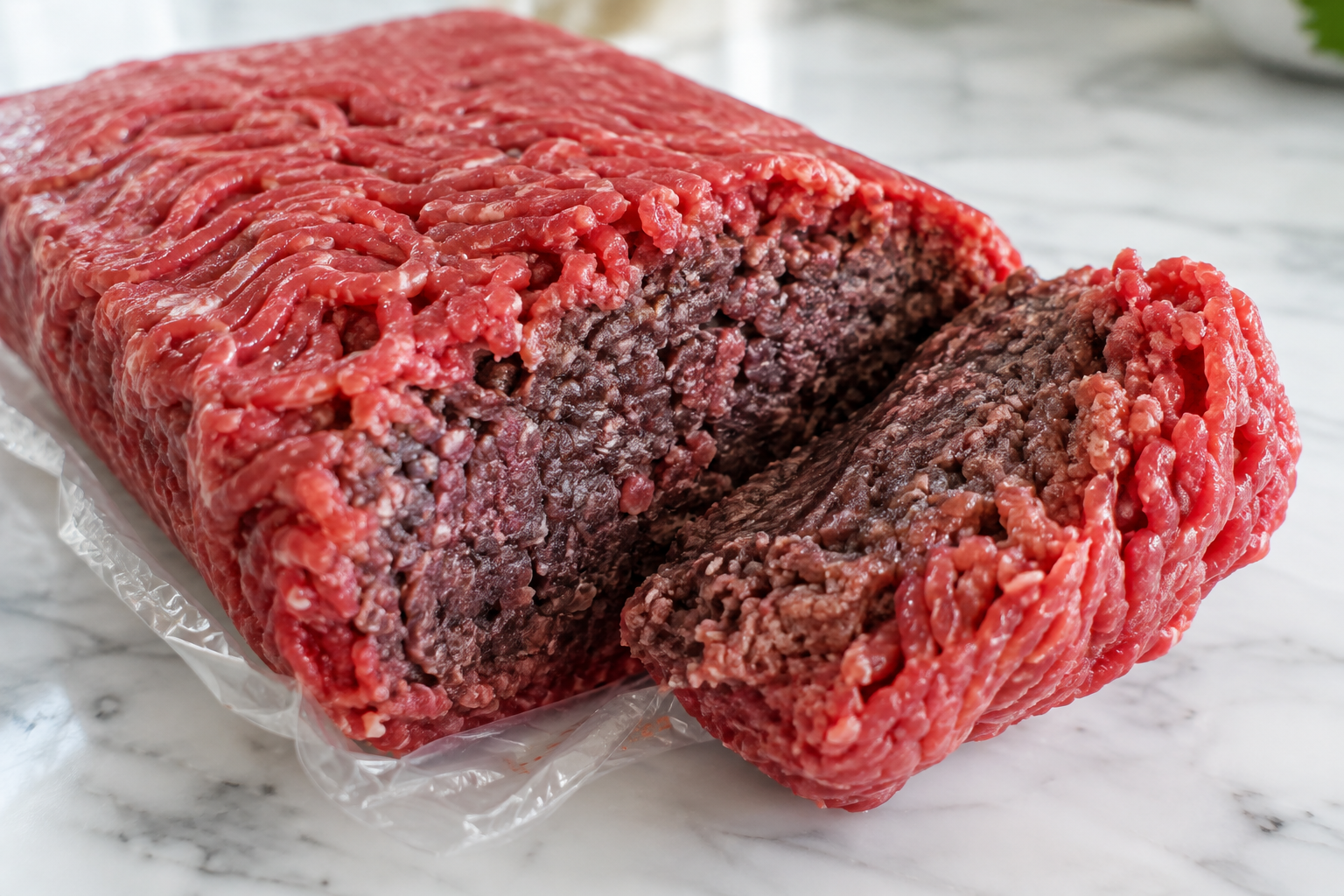 Why Is Ground Beef Brown Inside but Red Outside? 6 Cross-section of ground beef showing red exterior and brown interior color difference