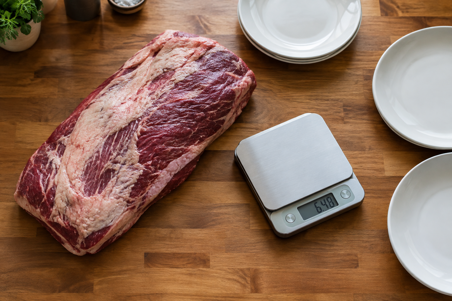 Raw beef brisket on a butcher block being weighed for portion planning
