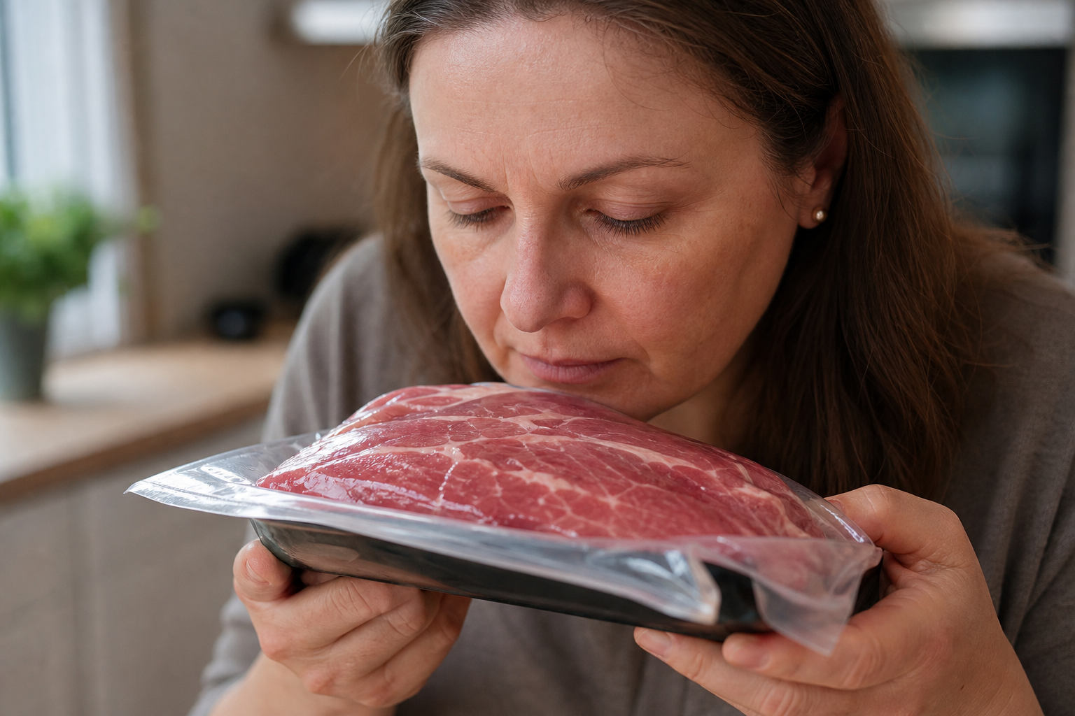 Person smelling opened raw meat package to check for freshness