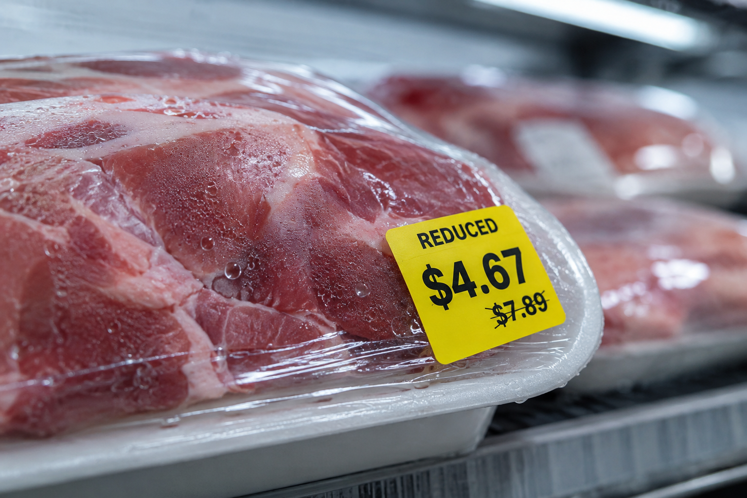 Manager's Special Meat: When It Is a Bargain and When to Skip It 4 Discounted meat package with a markdown sticker in a grocery store meat case