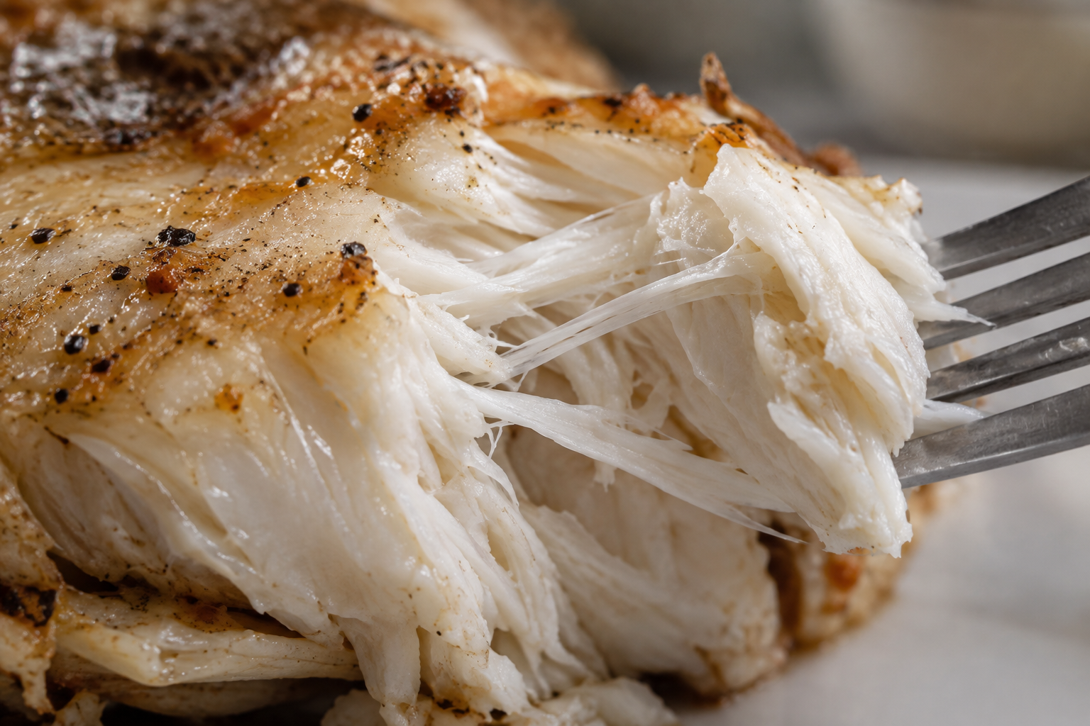 What Does Skate Wing Taste Like? Flavor, Texture, and How It Is Cooked 8 Close-up of flaked skate wing flesh showing its stringy texture