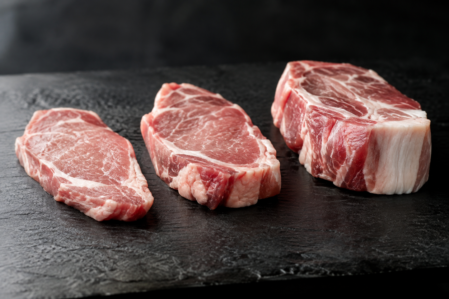 How Many Pork Chops Per Person? Size and Serving Guide 6 Three pork chops of different thicknesses lined up for comparison